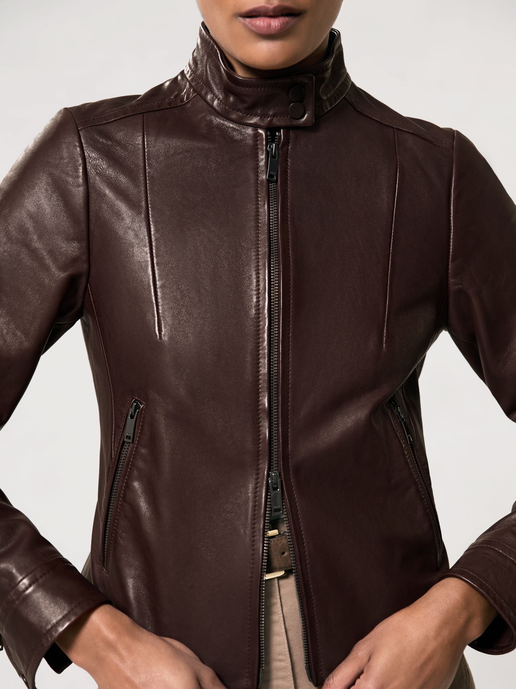 Fitted Leather Biker Jacket in Burgundy