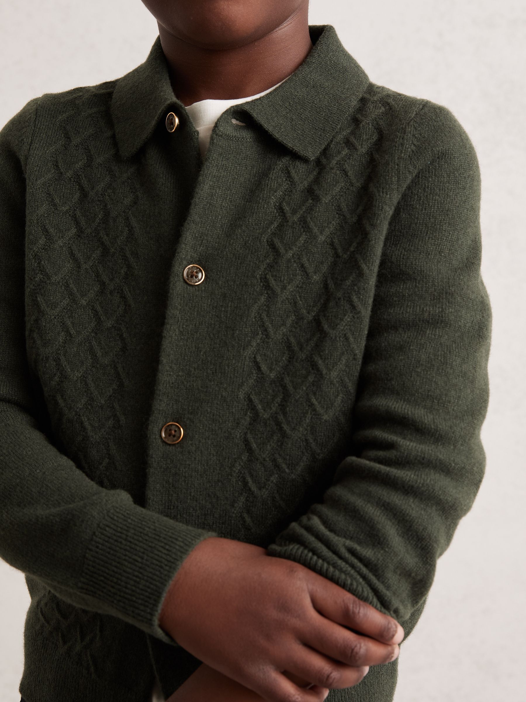 9-13 yrs Wool V-Stitch Button-Through Cardigan in Forest Green