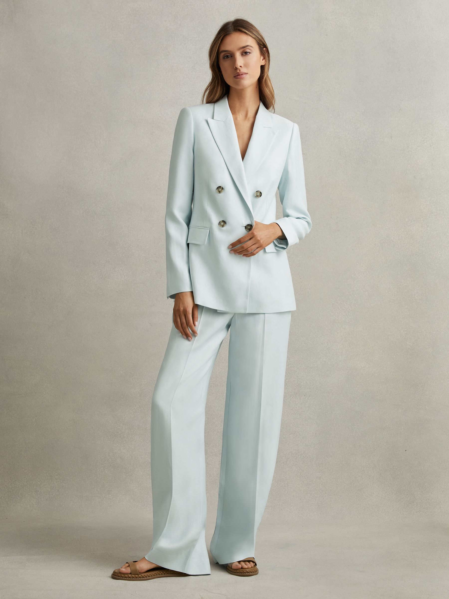 Viscose-Linen Double Breasted Suit Blazer in Blue