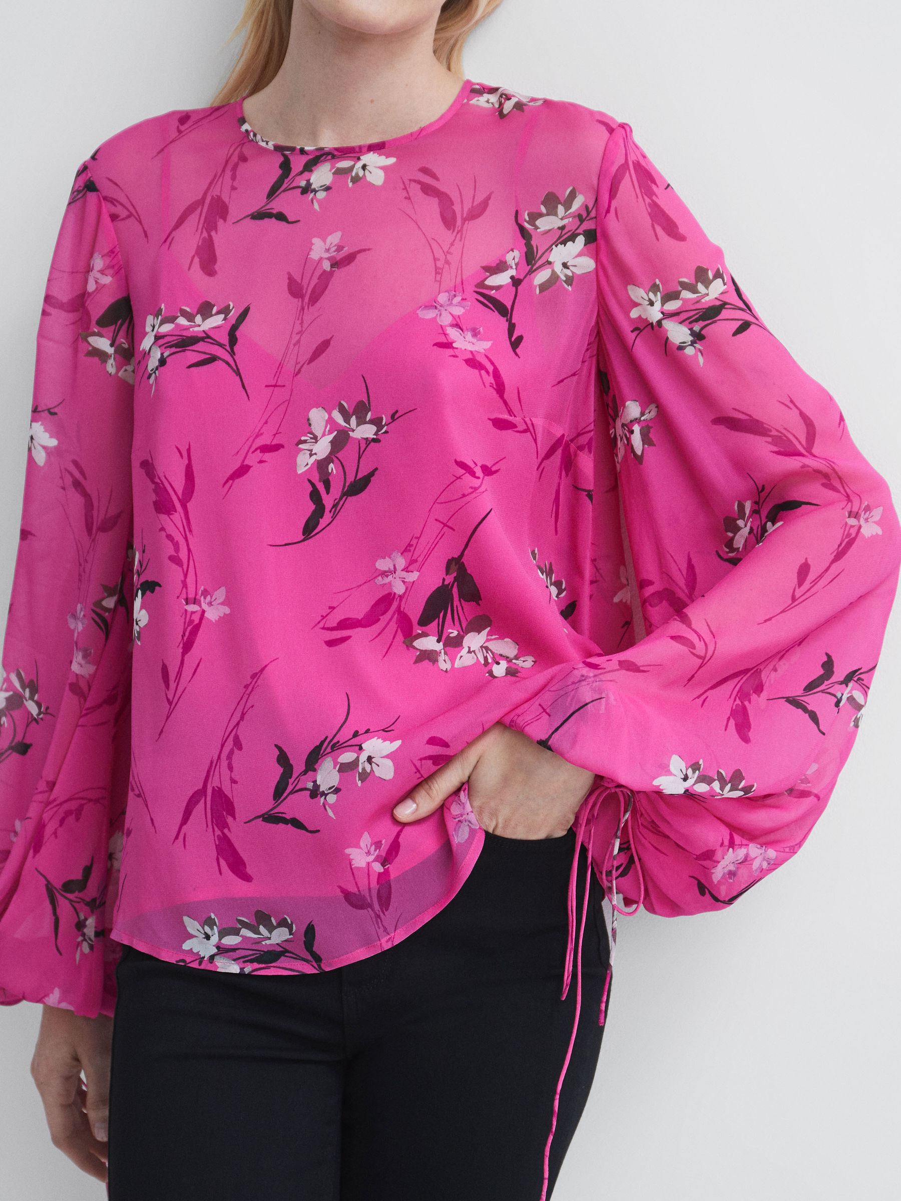 Florere Sheer Floral Top in Bright Pink