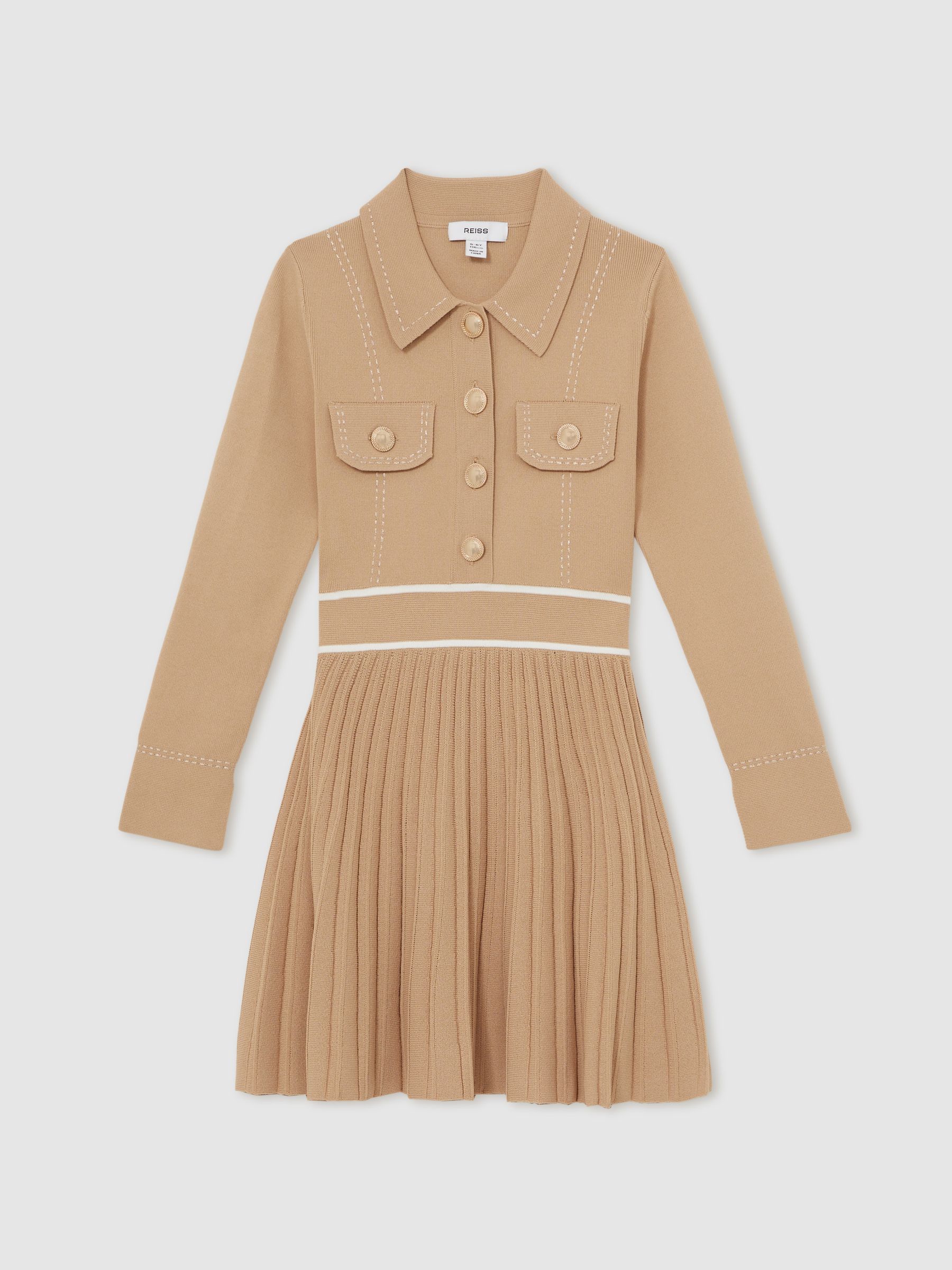3-9 yrs Button-Detail Stripe Knitted Dress in Camel