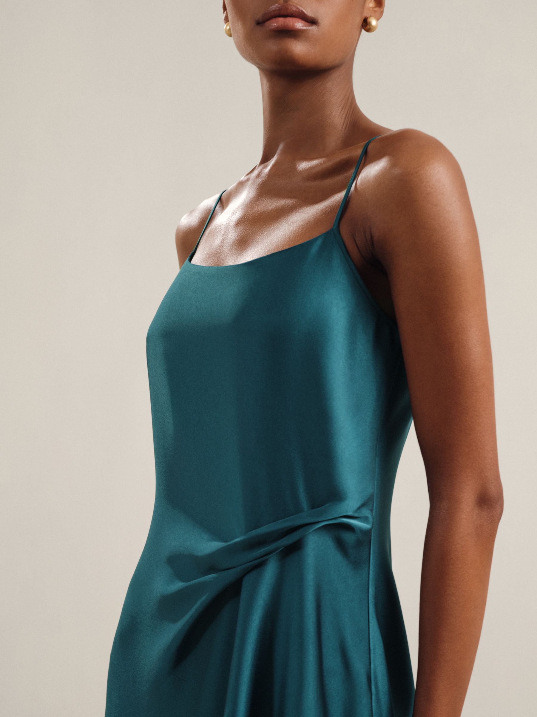 Satin Drape-Detail Slip Dress in Teal
