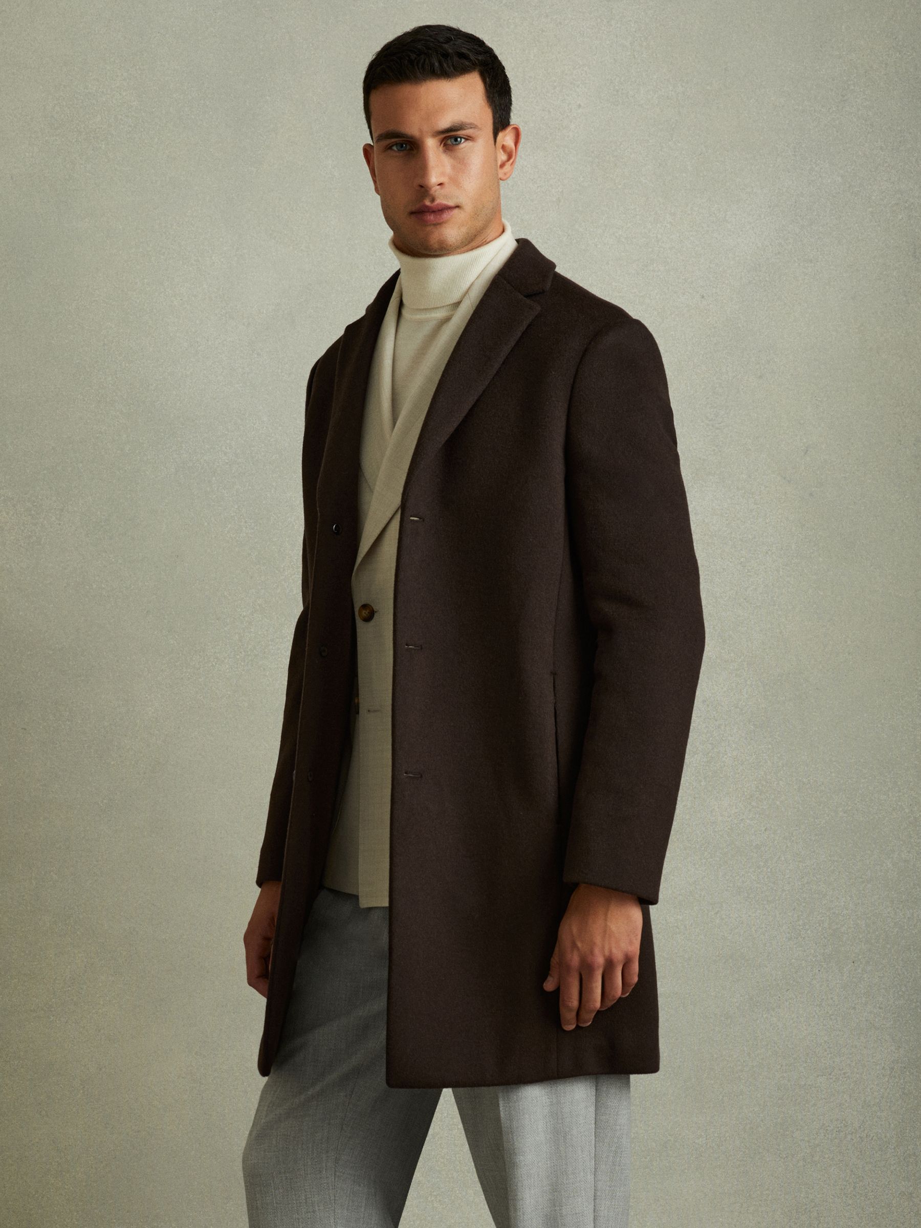 Wool Blend Single Breasted Epsom Overcoat in Chocolate Brown