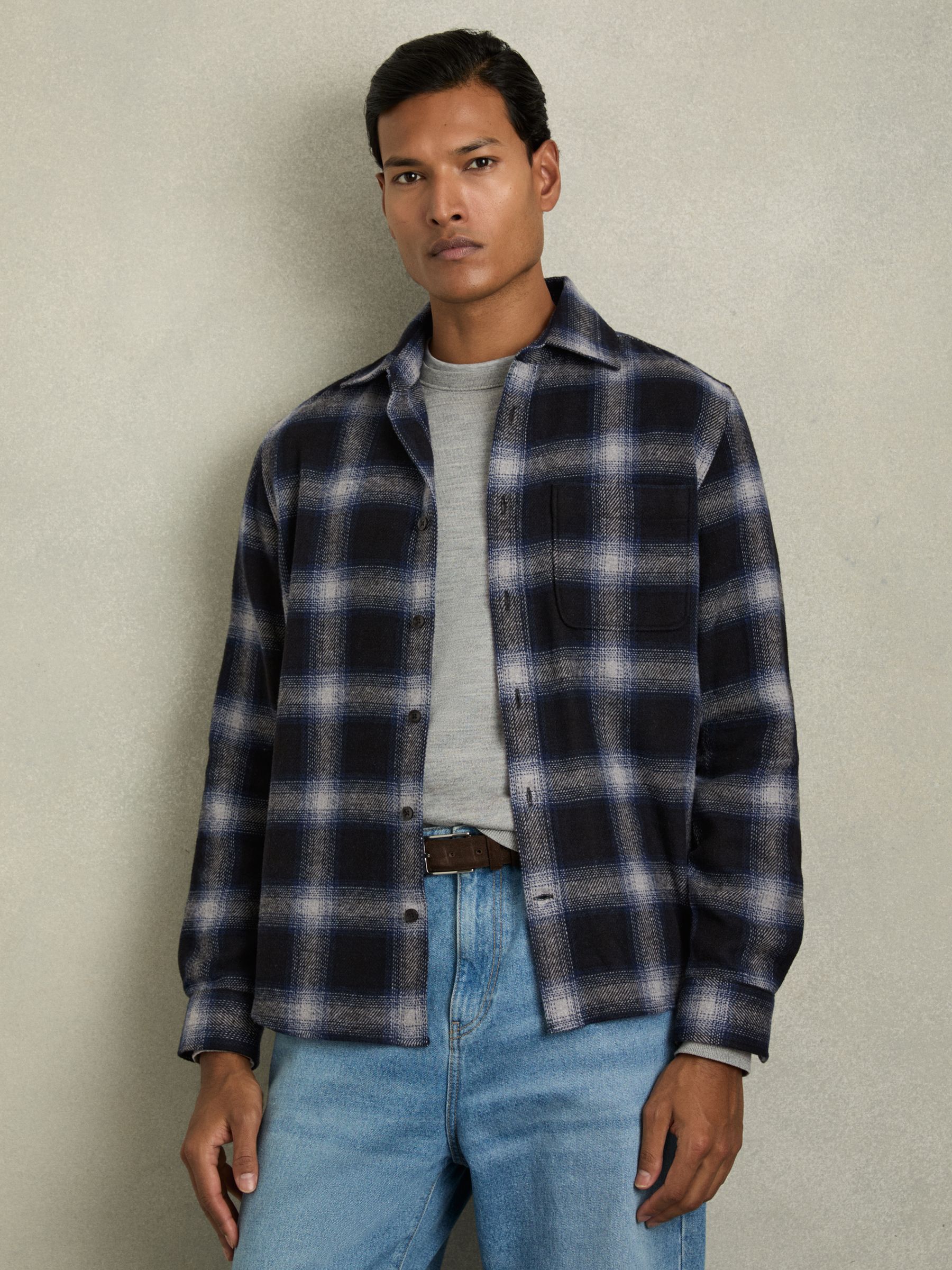 Check Patch Pocket Overshirt With Wool in Navy Multi