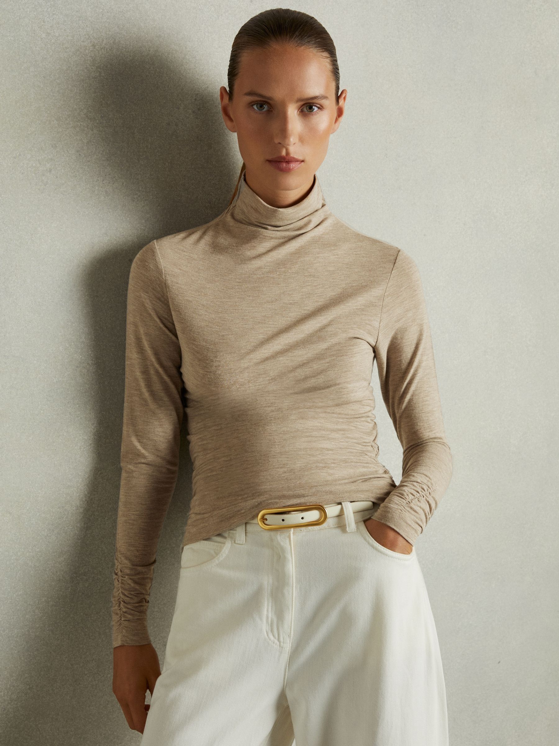 Ruched Jersey Top with Wool in Neutral