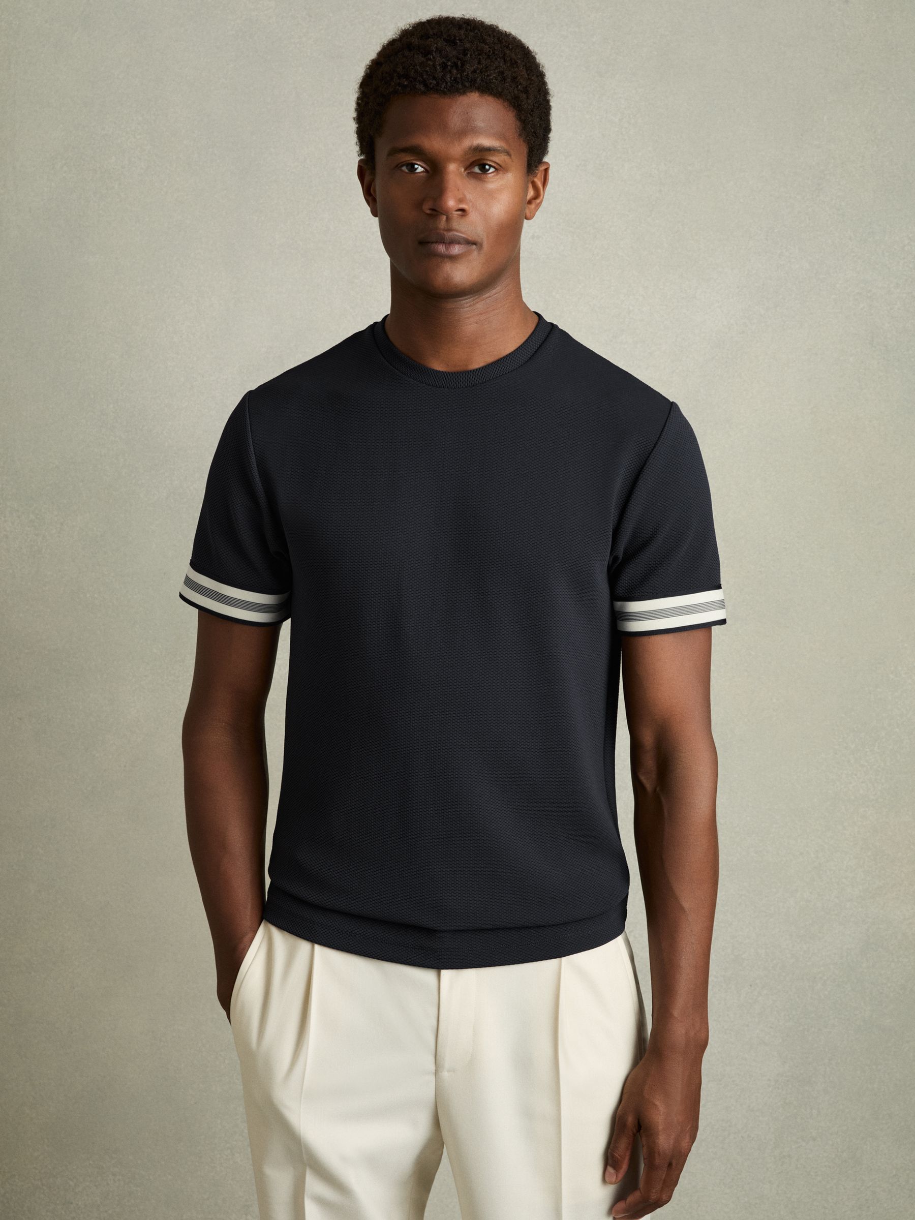 Tape-Cuff Textured T-Shirt in Navy