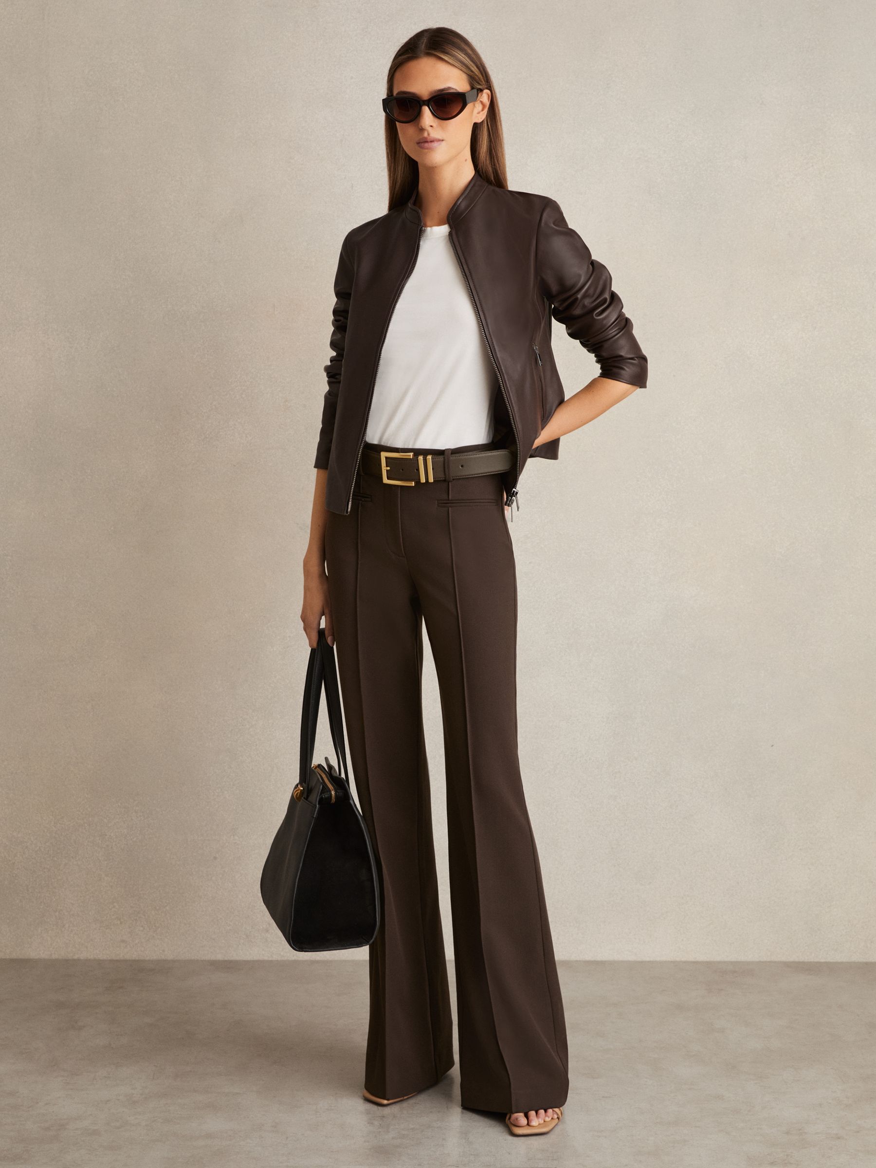 Petite High Rise Flared Trousers in Chocolate Brown