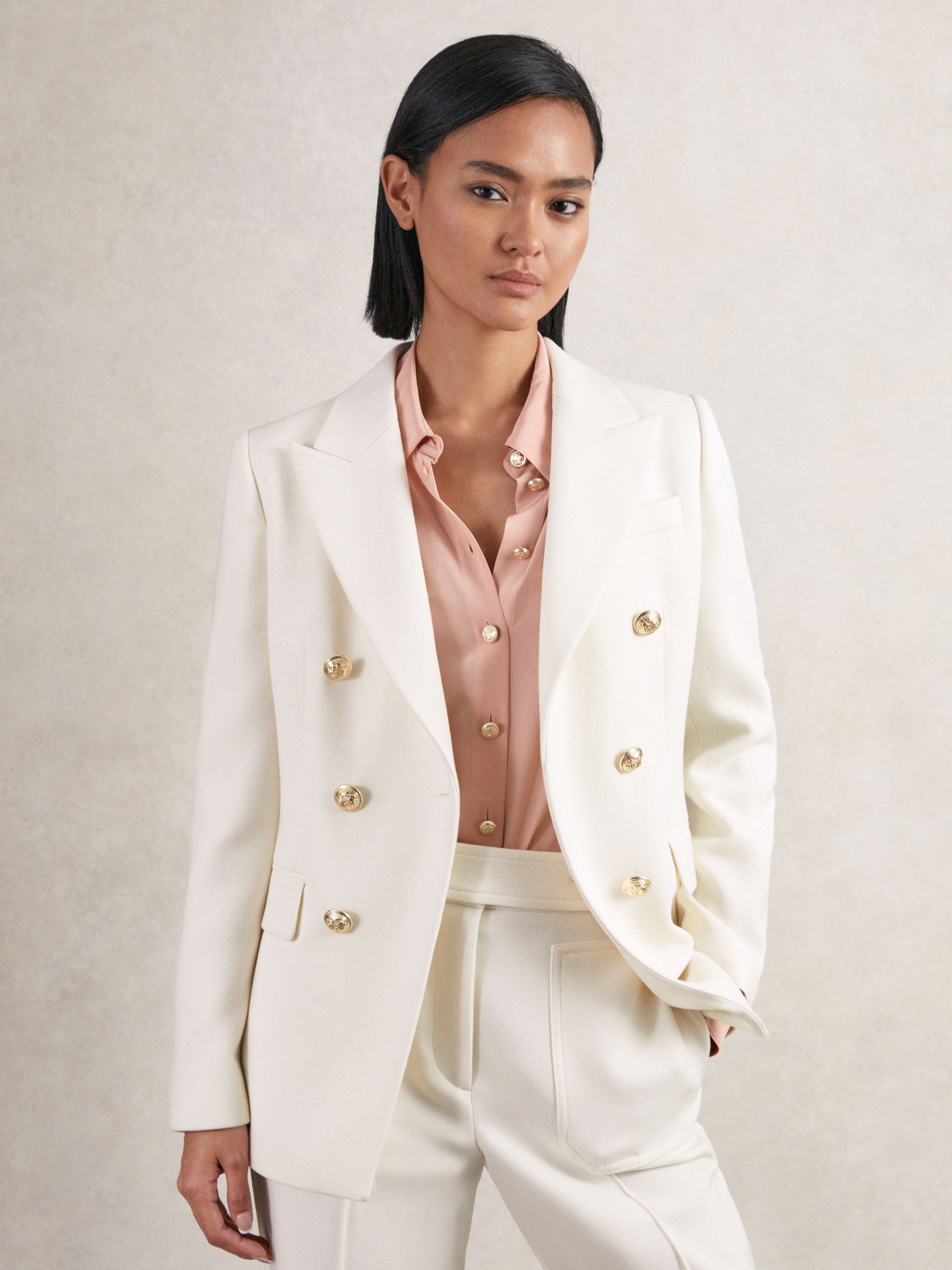 Petite Double-Breasted Twill Suit Blazer With Wool in White