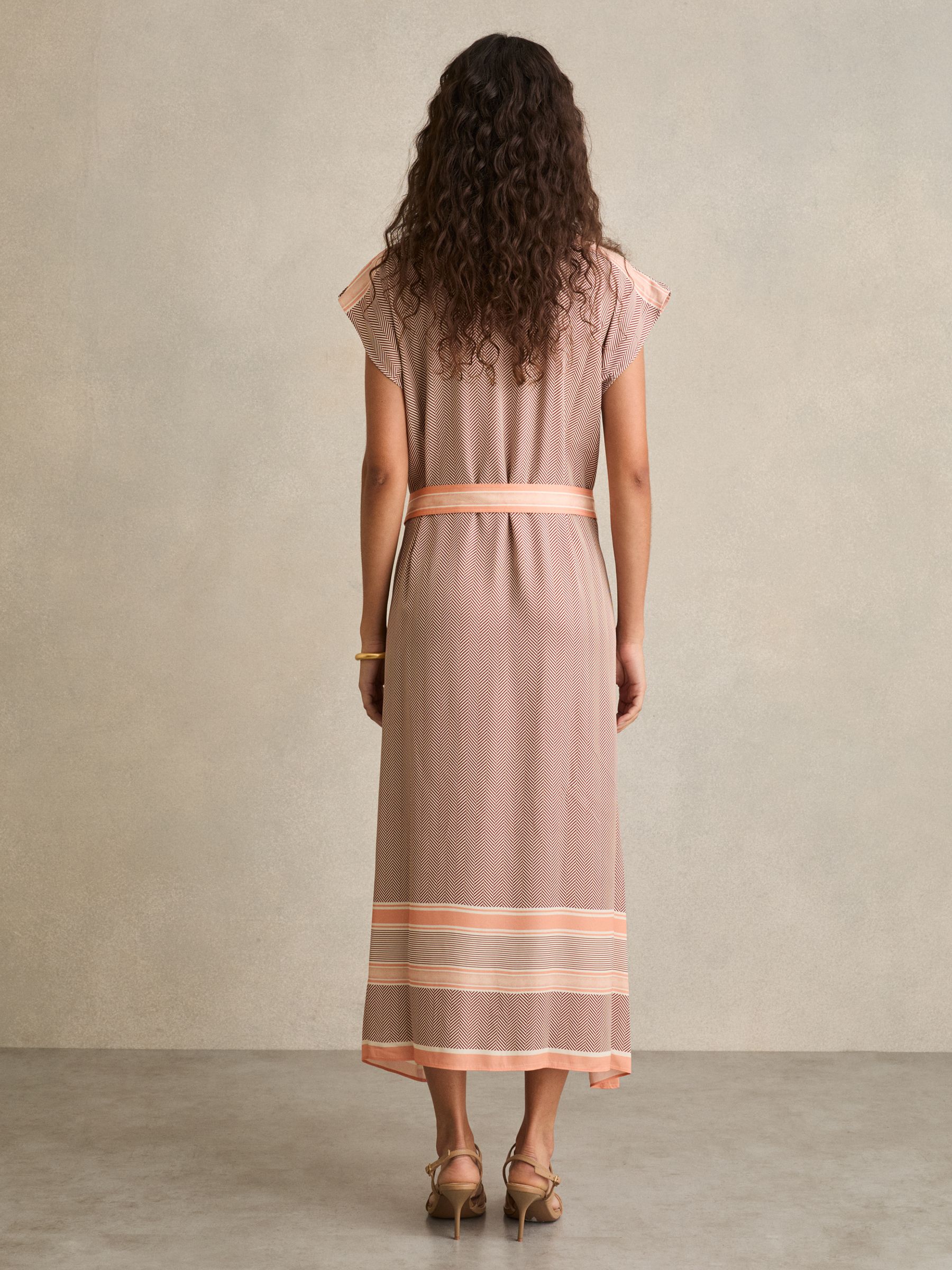 Scarf Print Belted Midi Dress in Coral