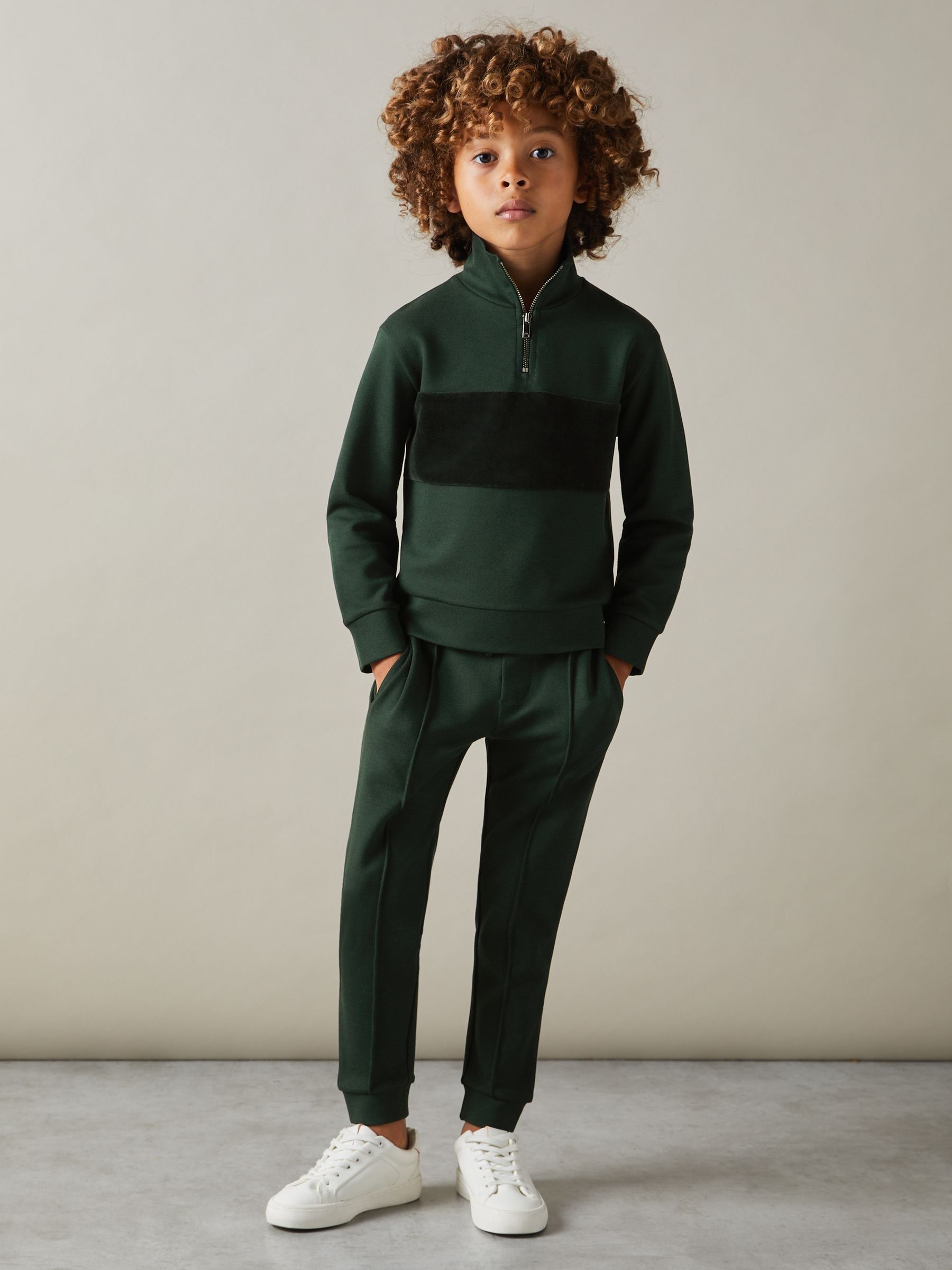 9-13 yrs Slim Fit Half-Zip Funnel Neck Velour Sweatshirt in Emerald Green