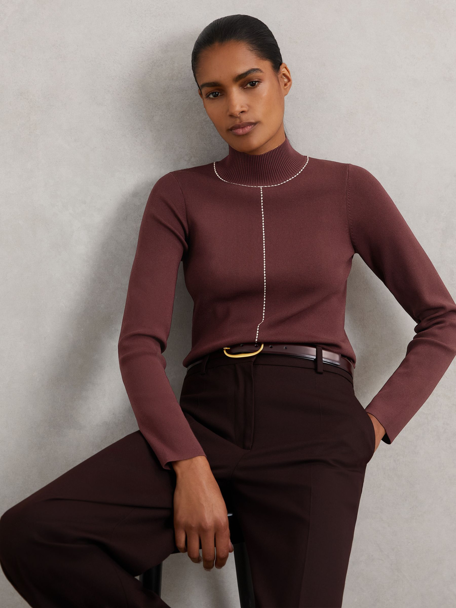 Stitch-Detail Funnel-Neck Jumper in Burgundy/Camel