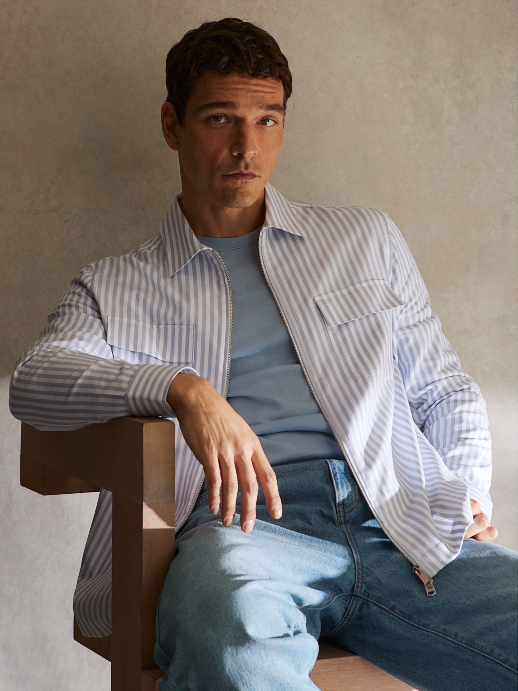 Cotton Stripe Zip-Through Shirt in White/Soft Blue