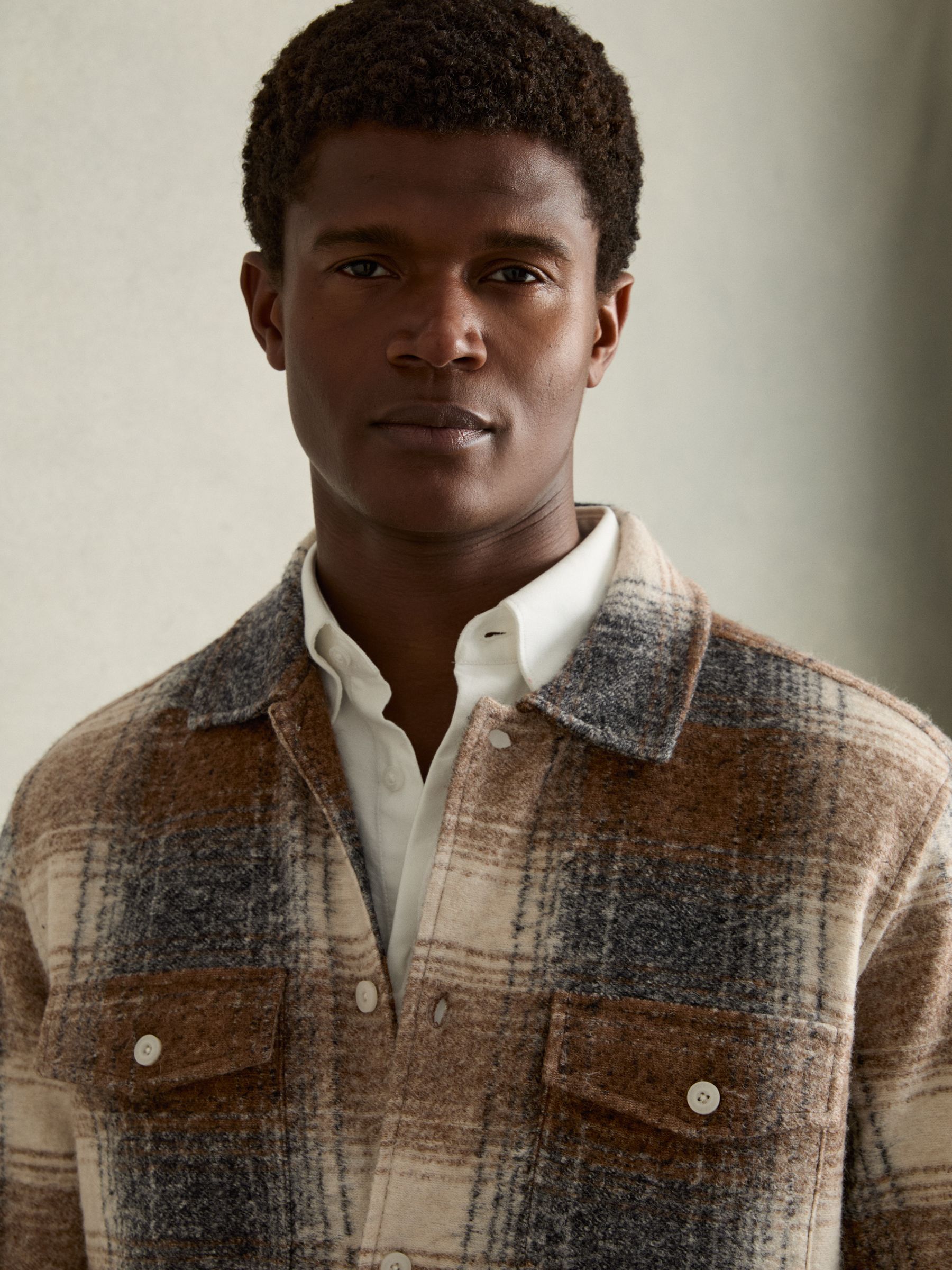 Brushed Check Fleece-Lined Overshirt in Brown