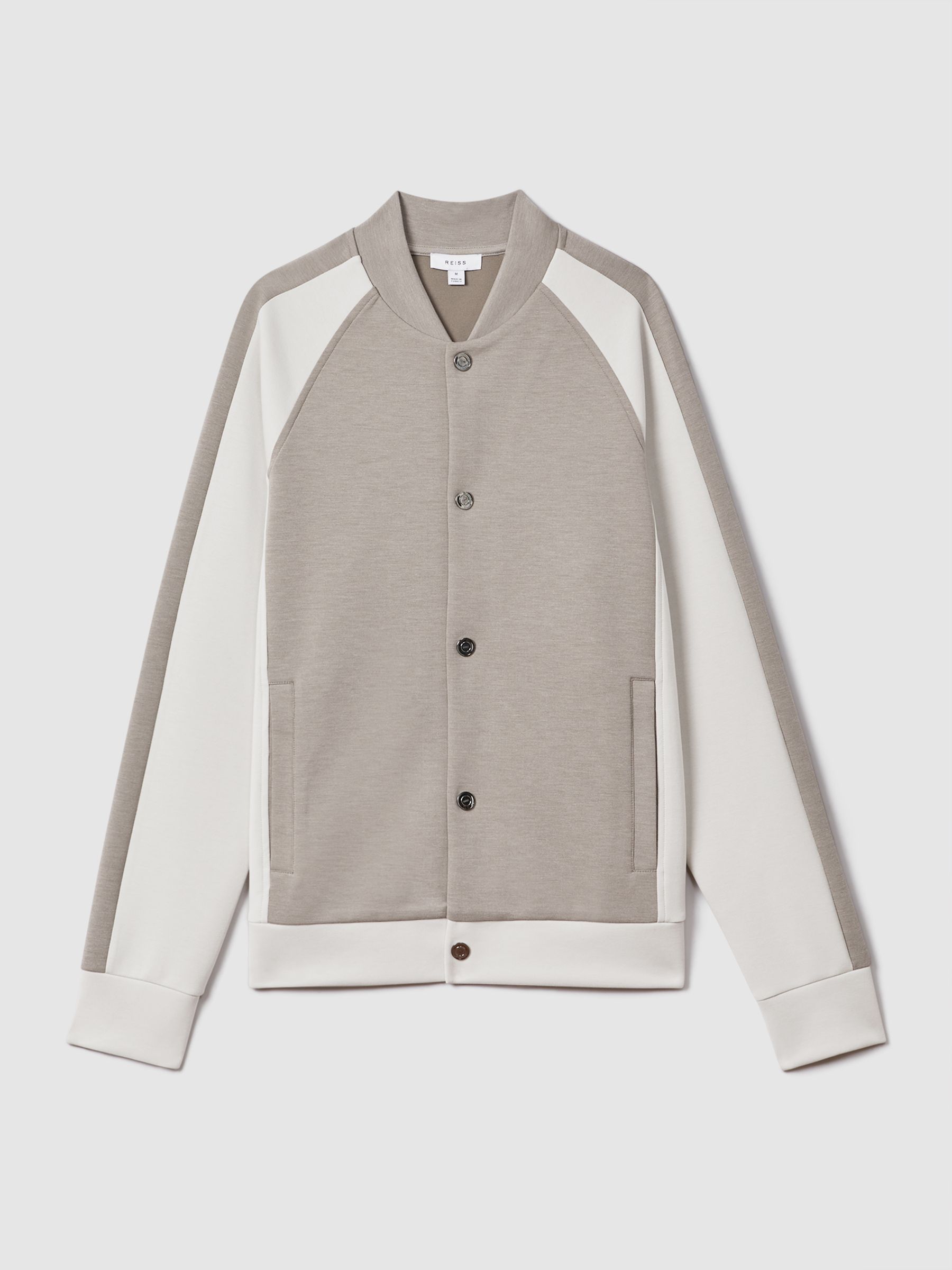 Colourblock Jersey Bomber Jacket in Taupe/White