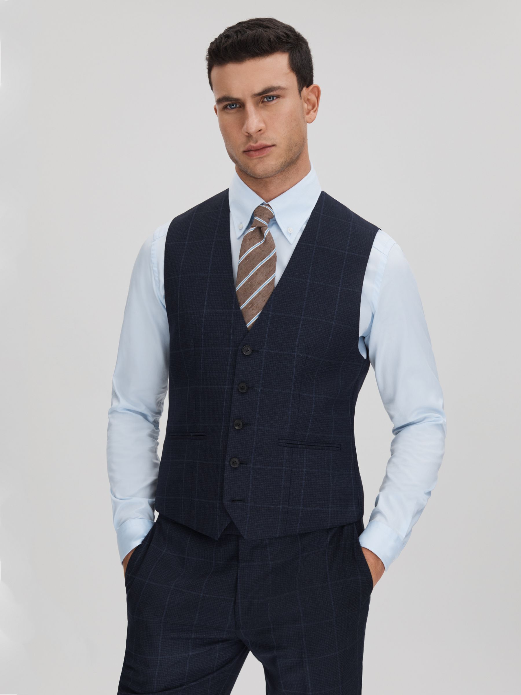 Klink Navy Wool Check Single Breasted Slim Fit Waistcoat