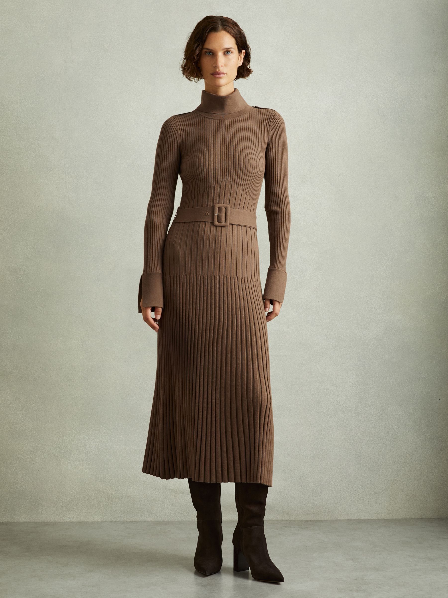 Ribbed Roll Neck Belted Midi Dress in Mocha