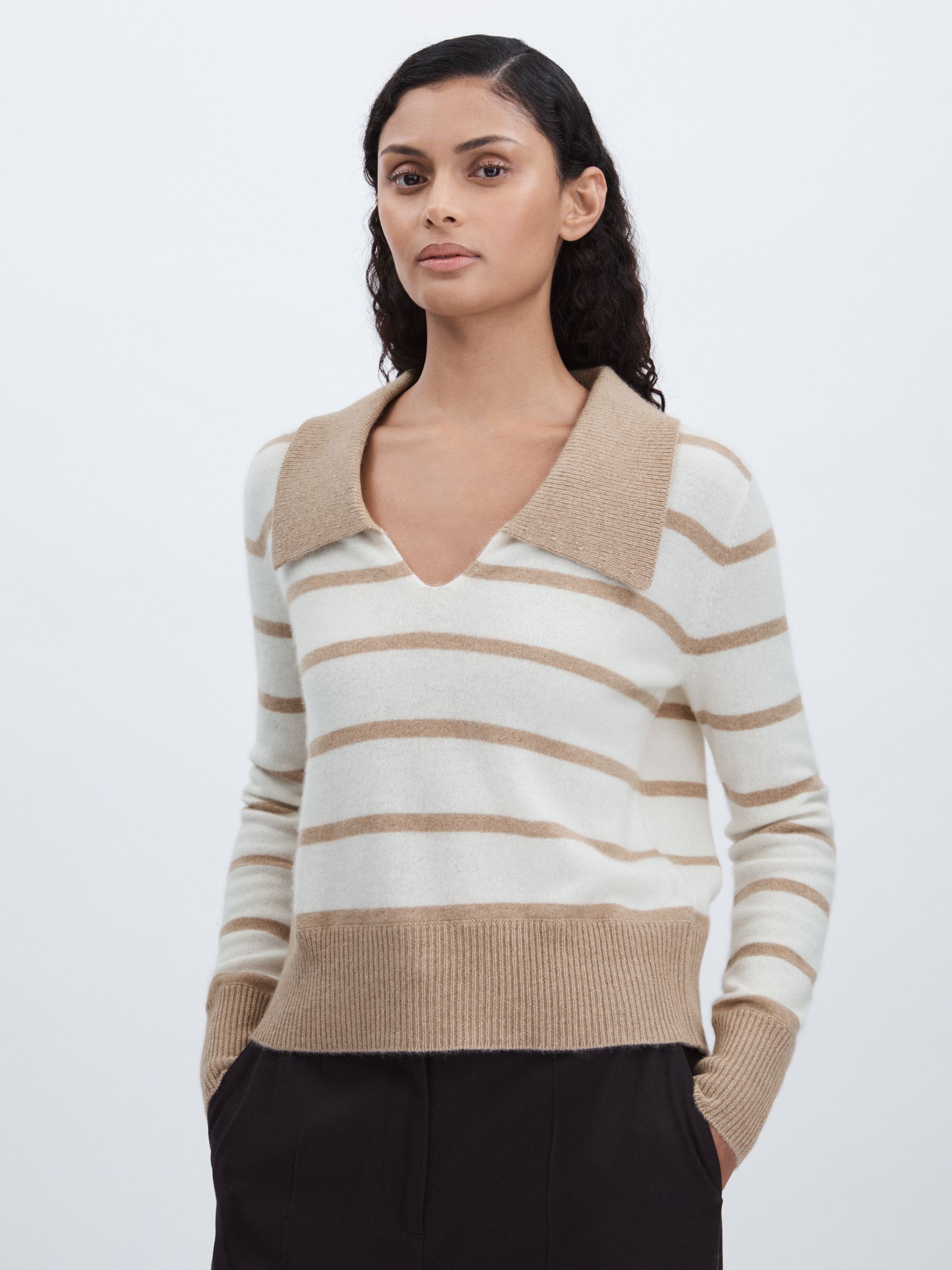 Cashmere Open Collar Striped Jumper in White/Beige