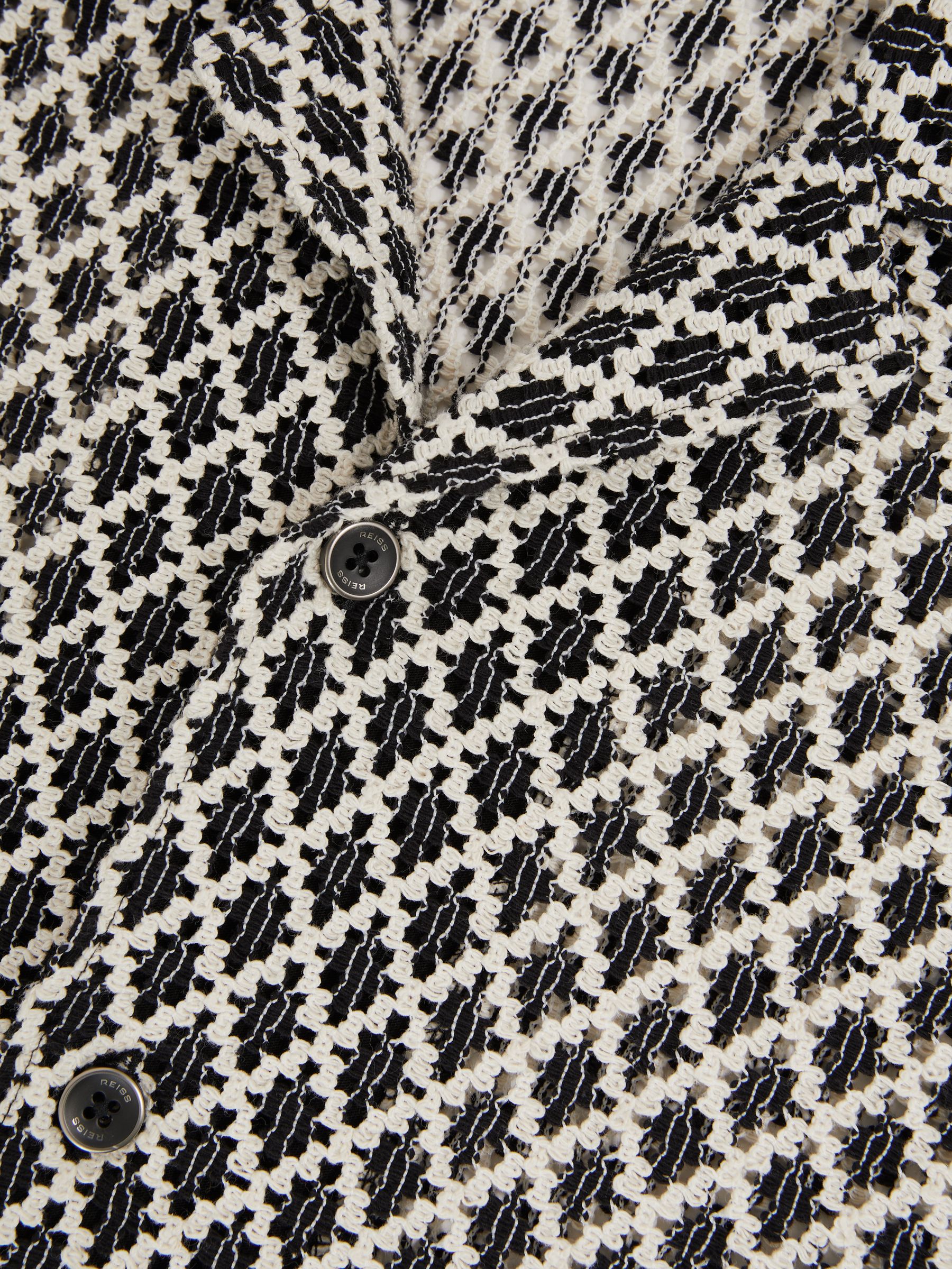 Geometric-Crochet Cuban-Collar Shirt in Navy/White