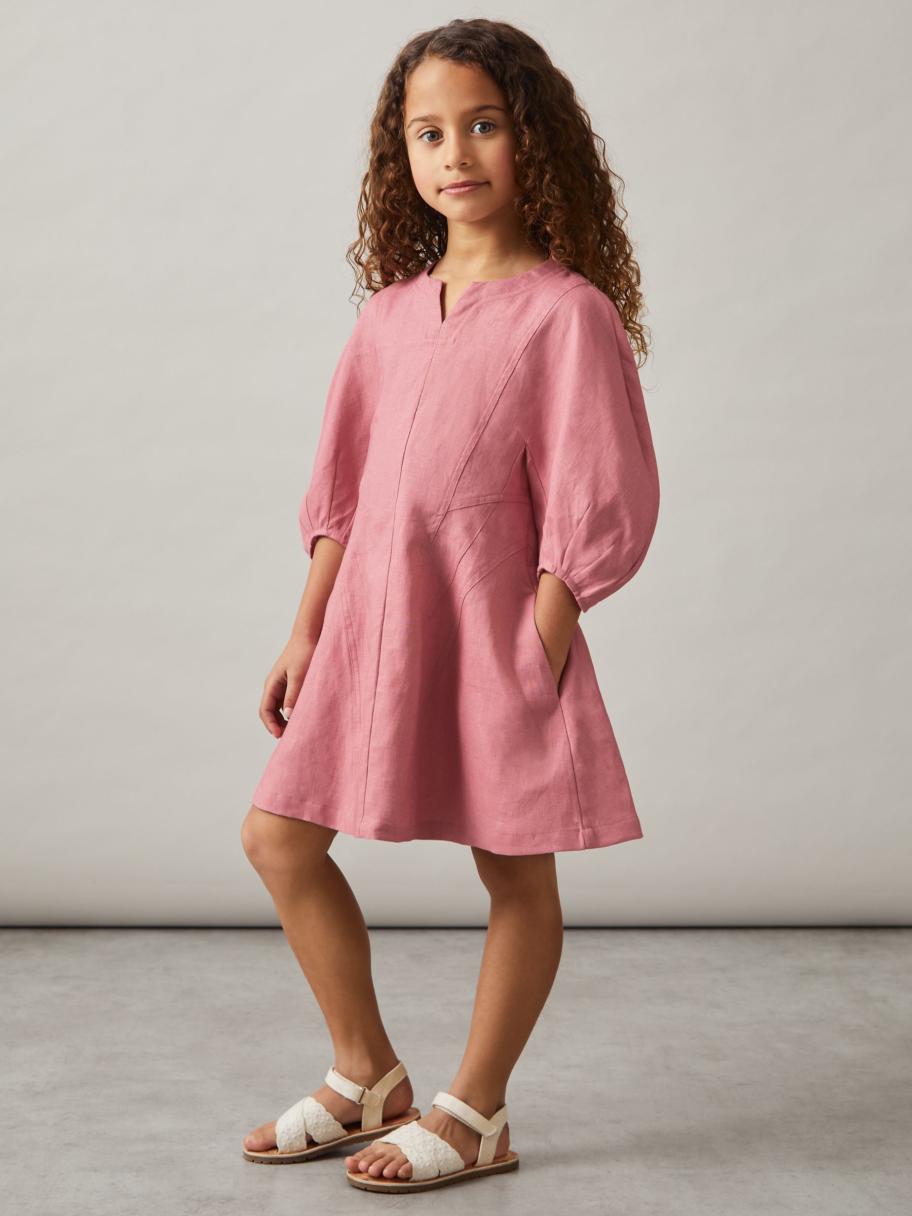 9-13 yrs Linen Balloon-Sleeve Dress in Pink