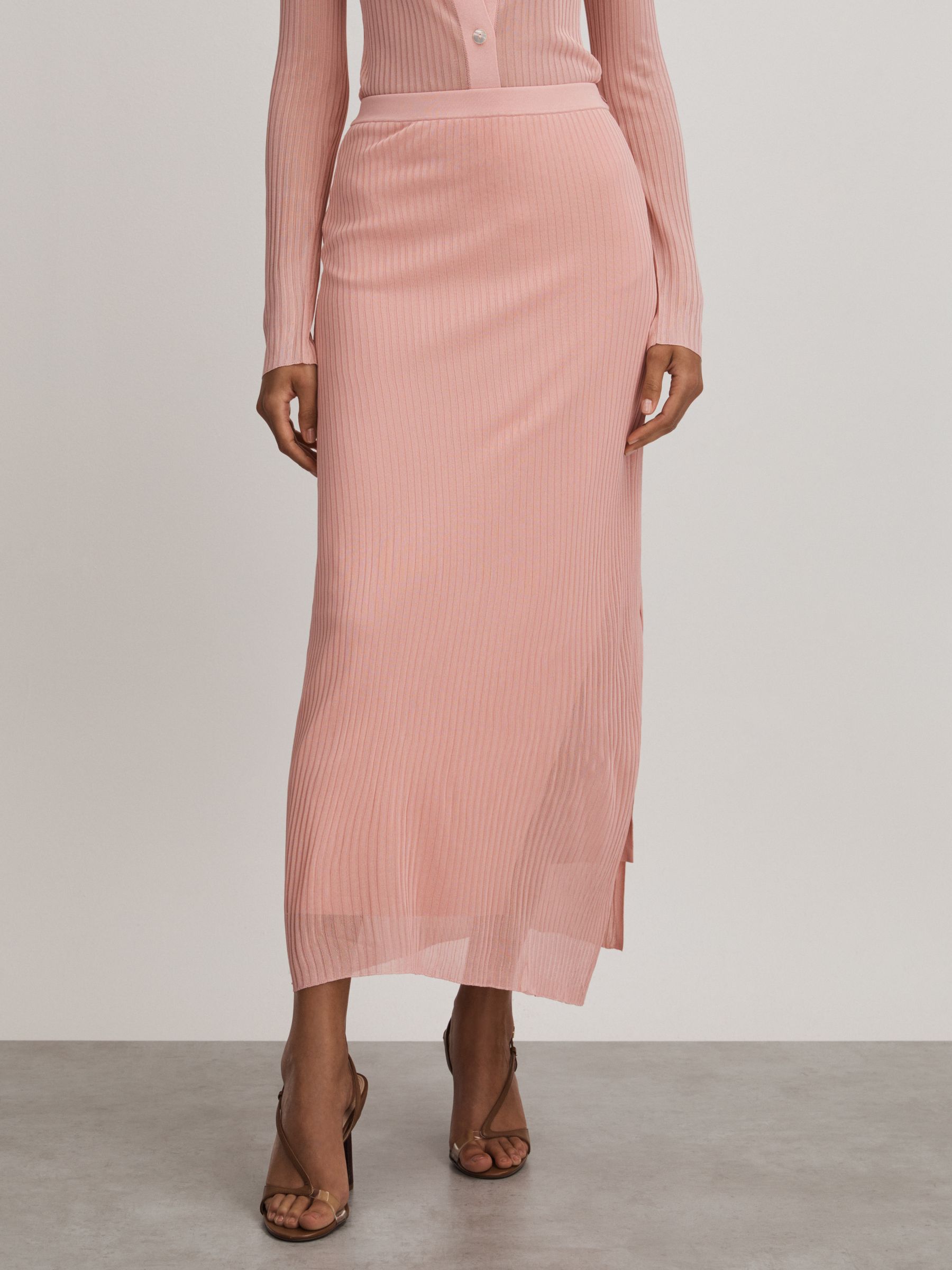 Carrie Pink Anna Quan Sheer Ribbed Knitted Midi Skirt