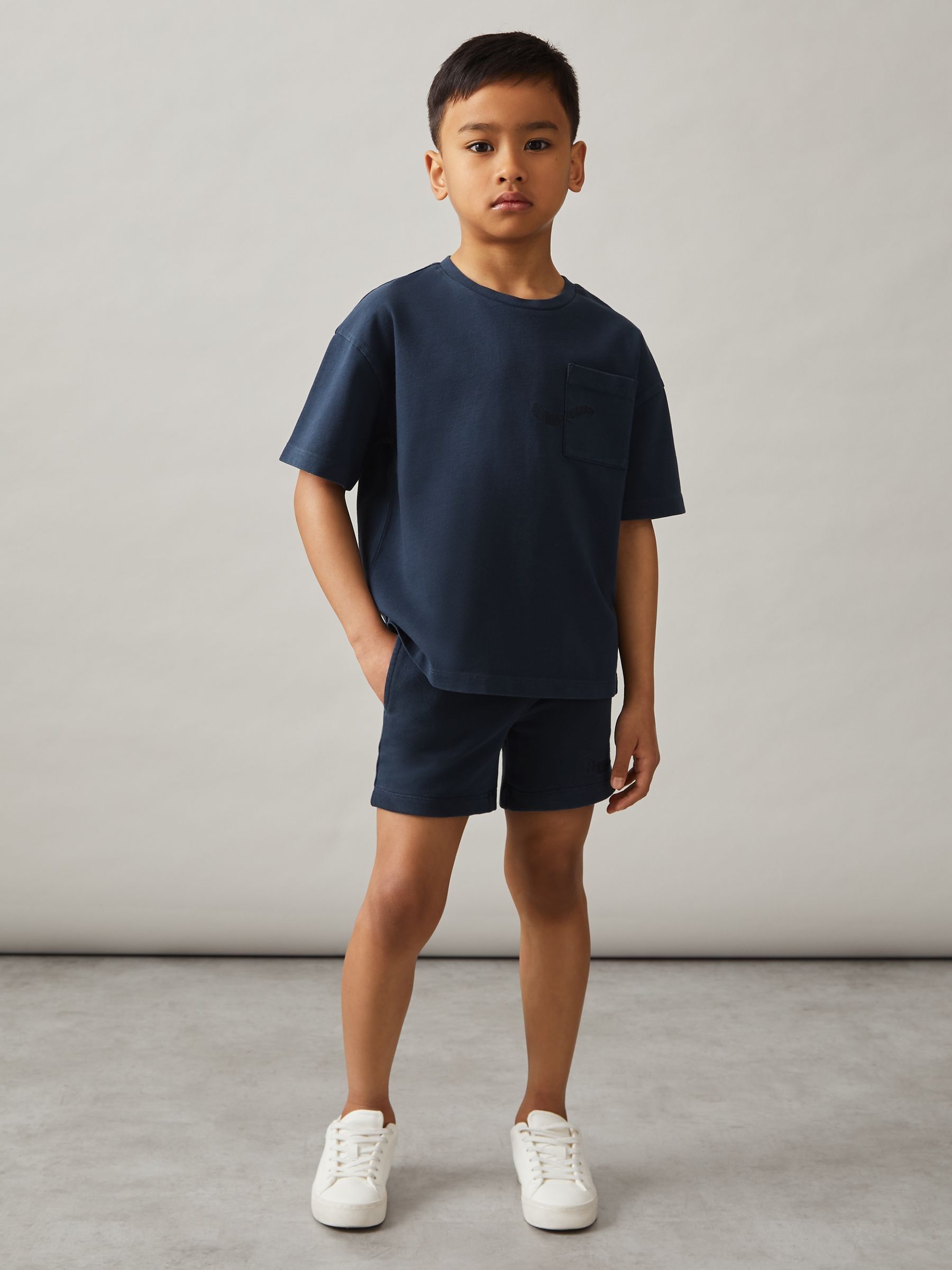 9-13 yrs Cotton Palm-Embroidery Oversize T-Shirt in Washed Navy