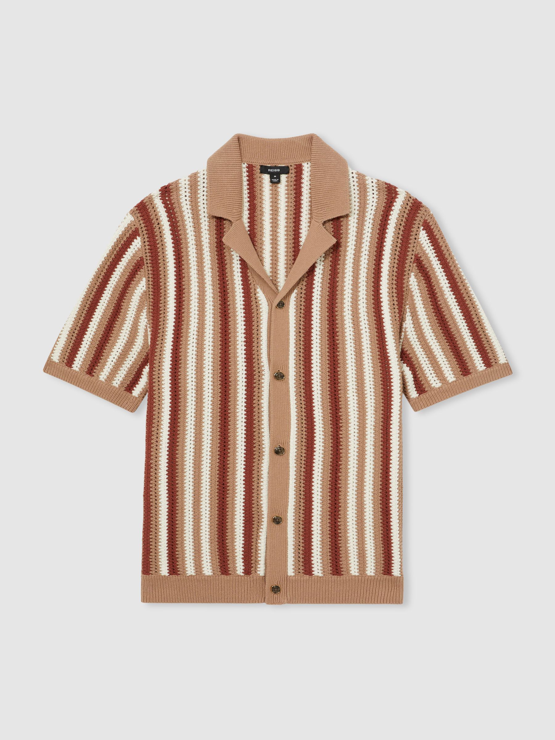 Cotton Crochet Stripe Cuban Shirt in Camel Multi