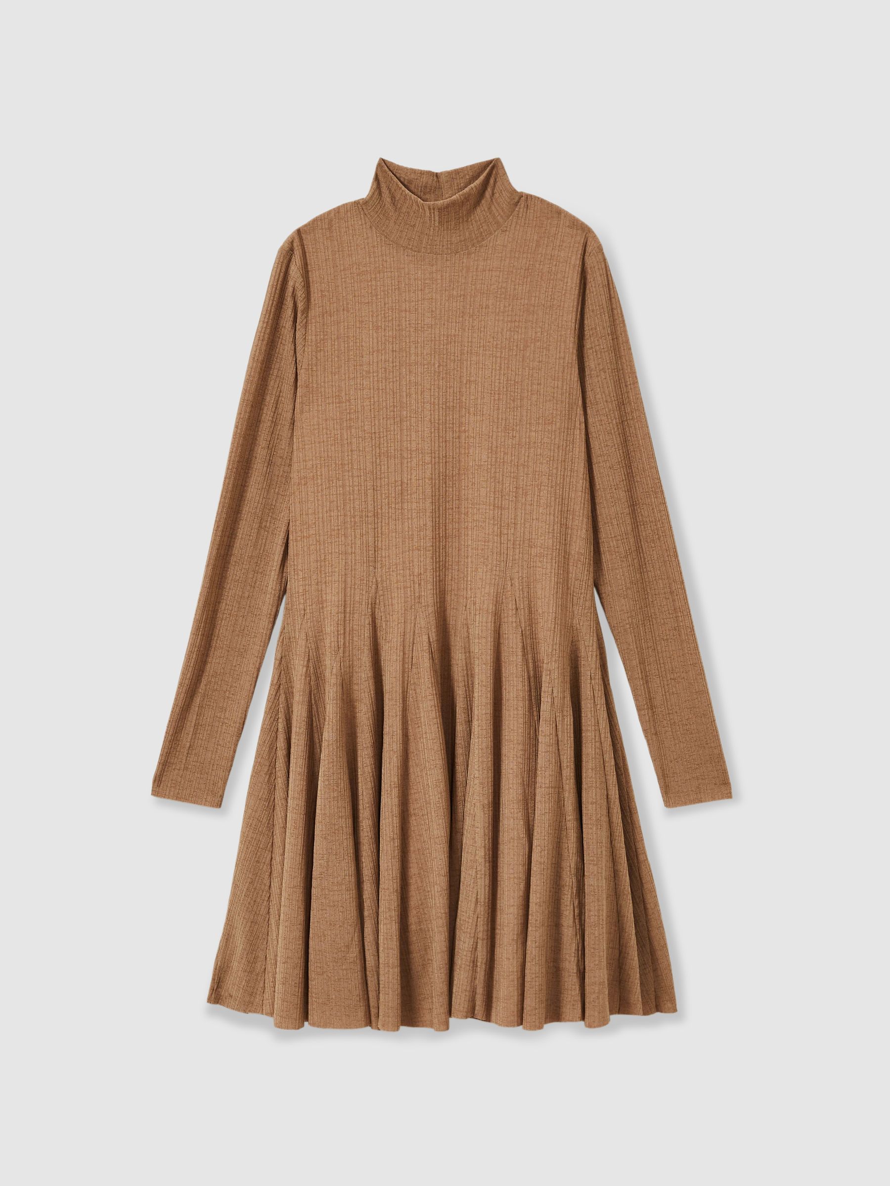 Jersey Ribbed Flared Mini Dress in Camel
