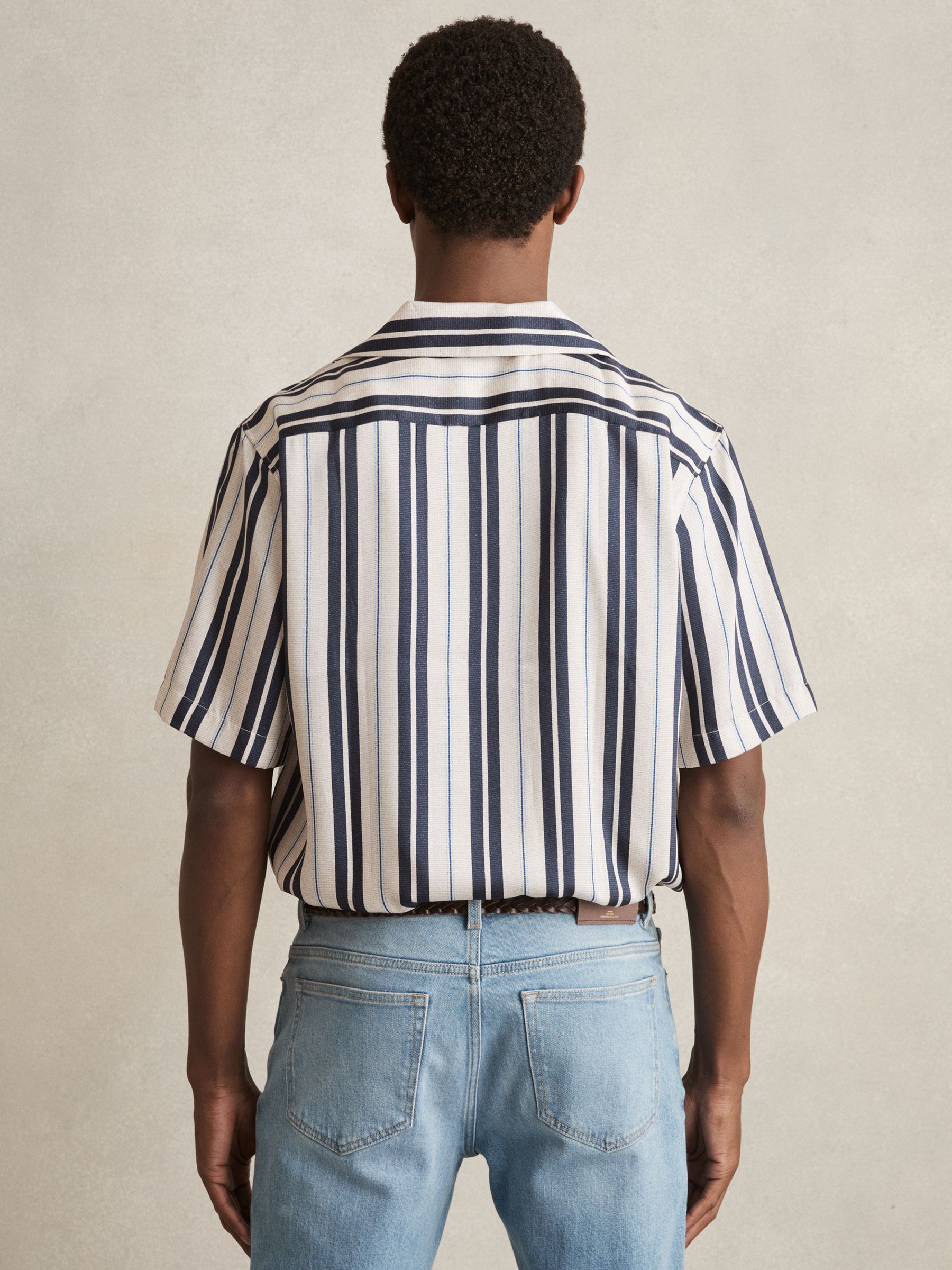 Wide-Stripe Cuban-Collar Shirt in White/Navy