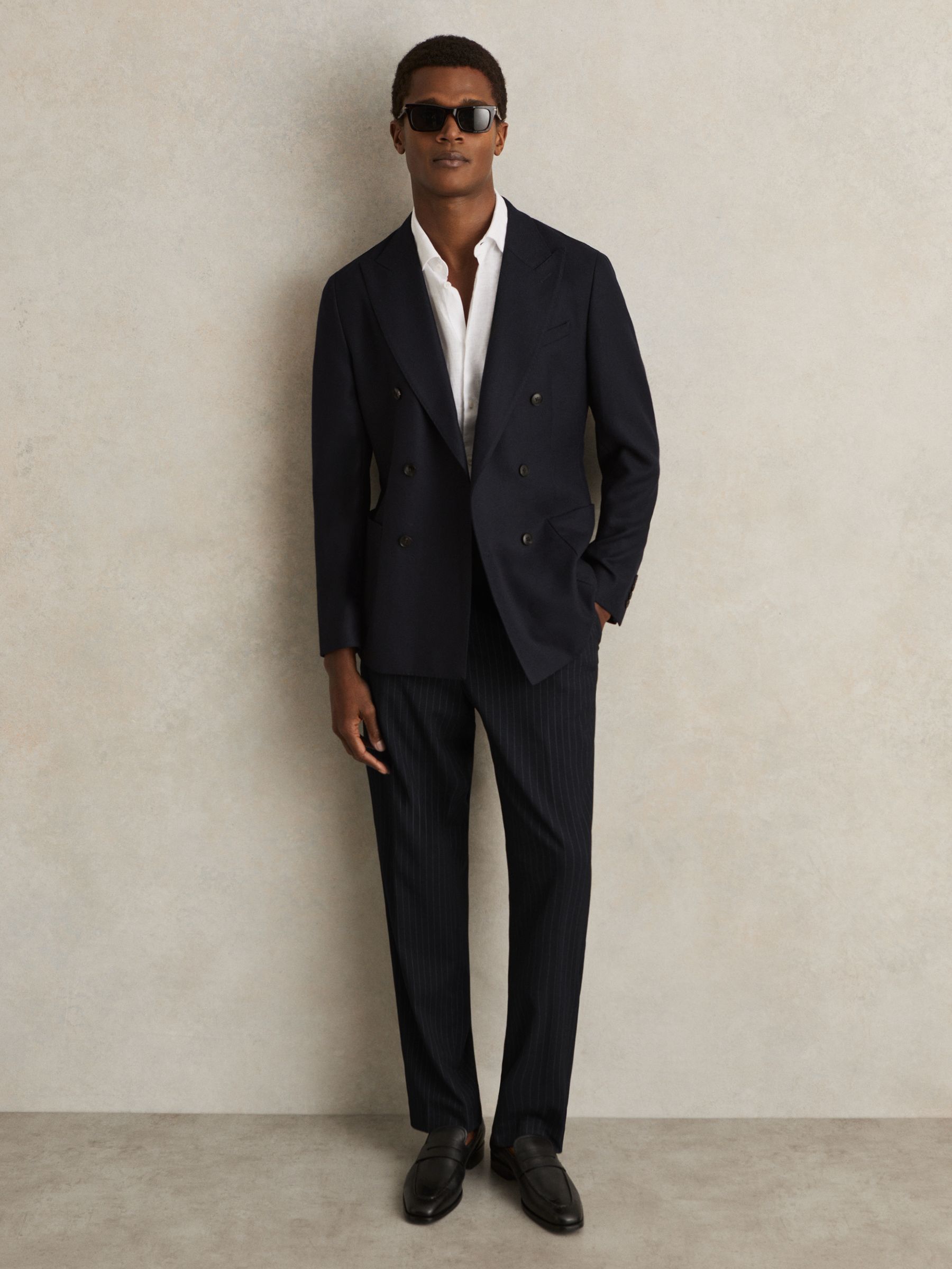 Straight Leg Pinstripe Trousers in Navy