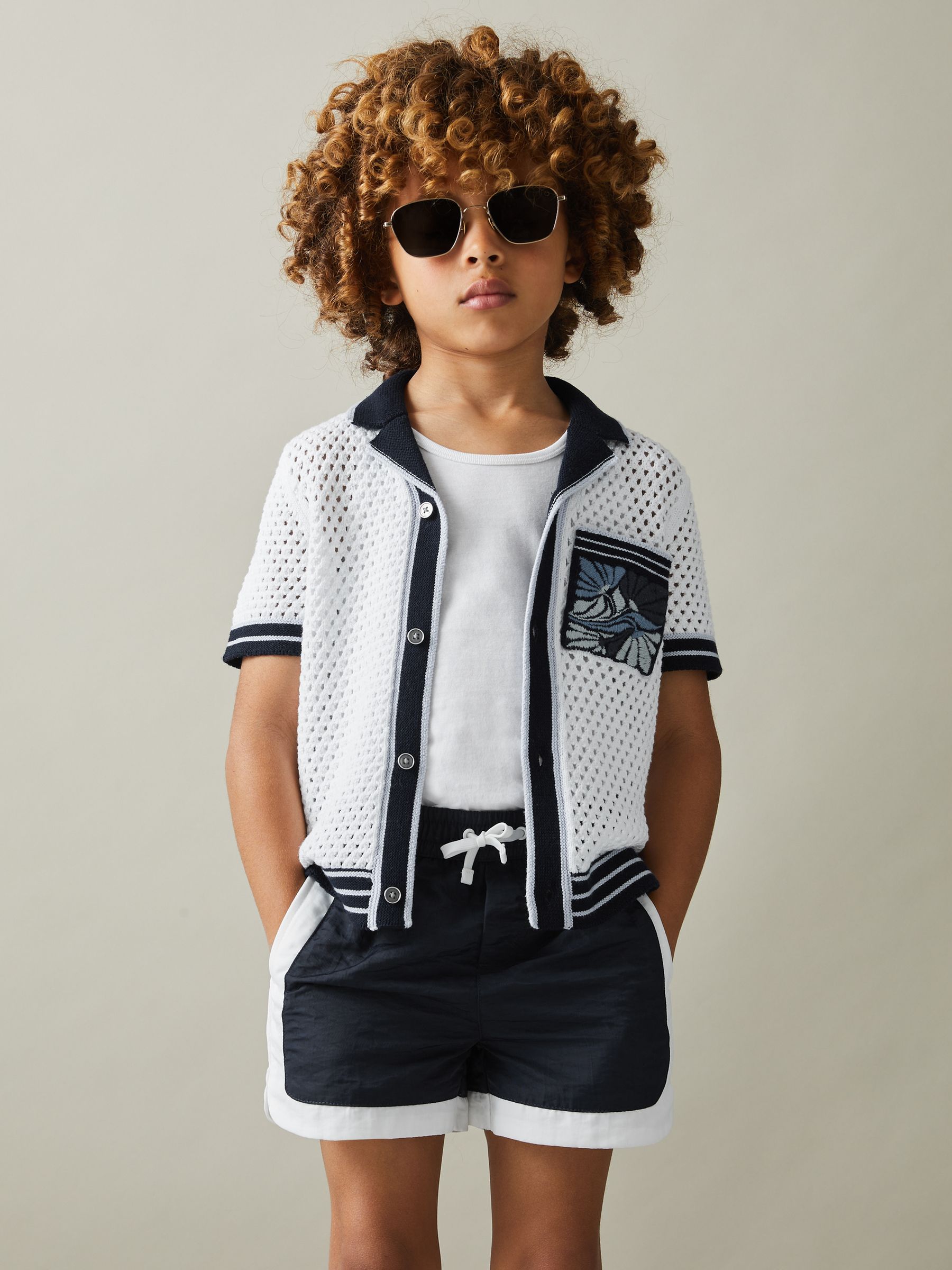 9-13 yrs Open-Stitch Embroidered Cuban Collar Shirt in White/Blue