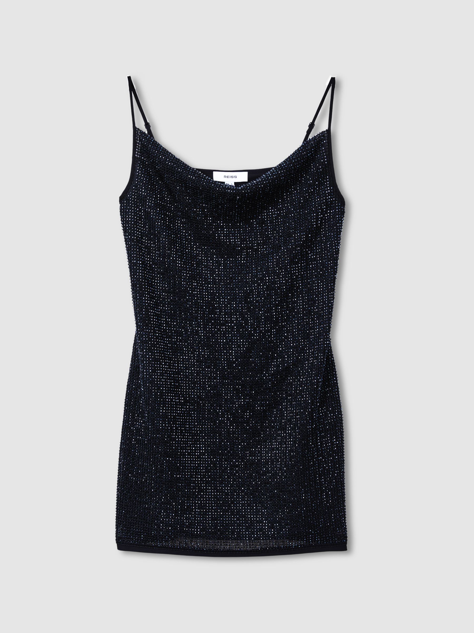 Cowl-Neck Beaded Mini Dress in Dark Blue