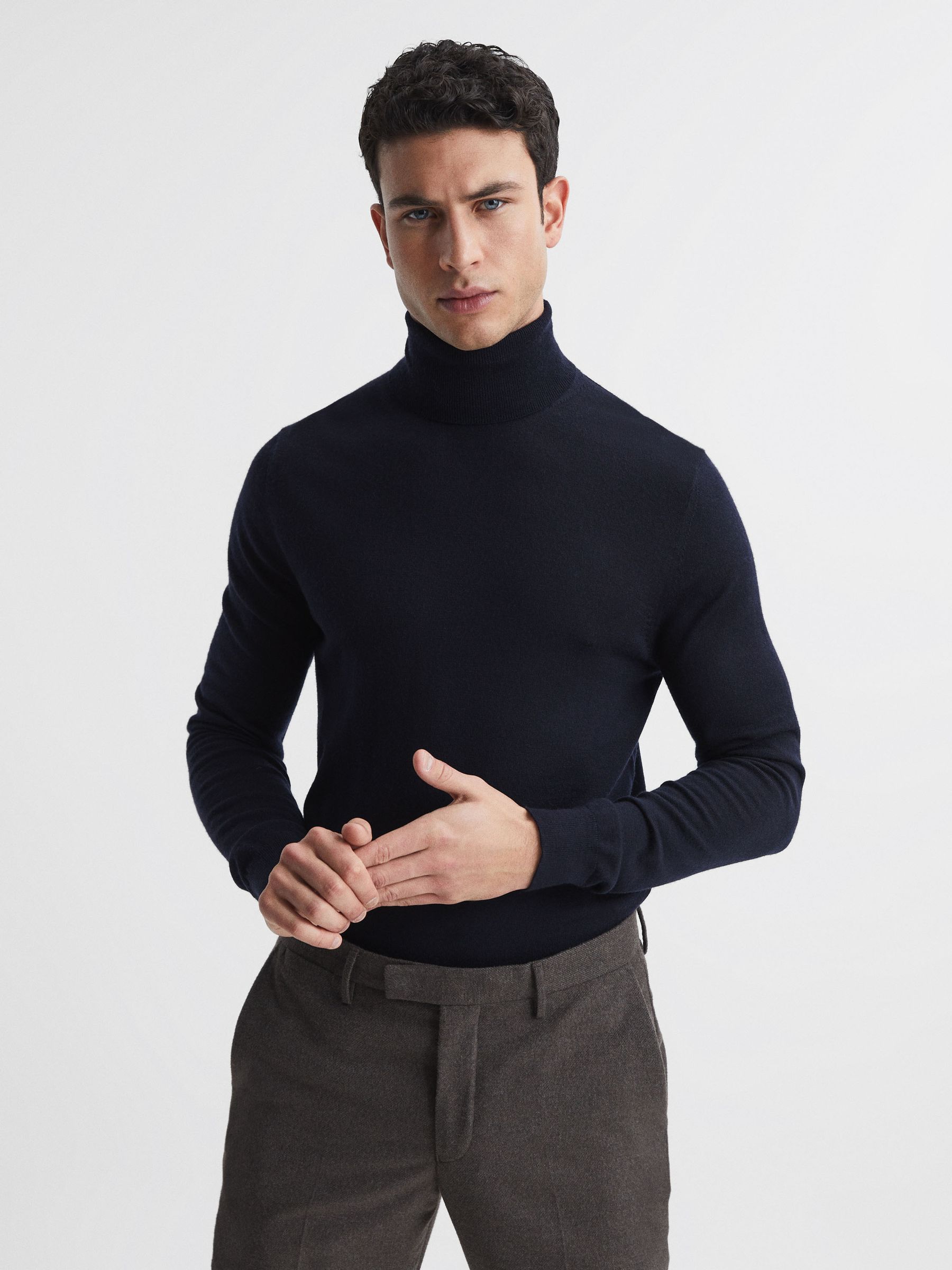 Slim Fit Merino Wool Roll Neck Jumper in Navy