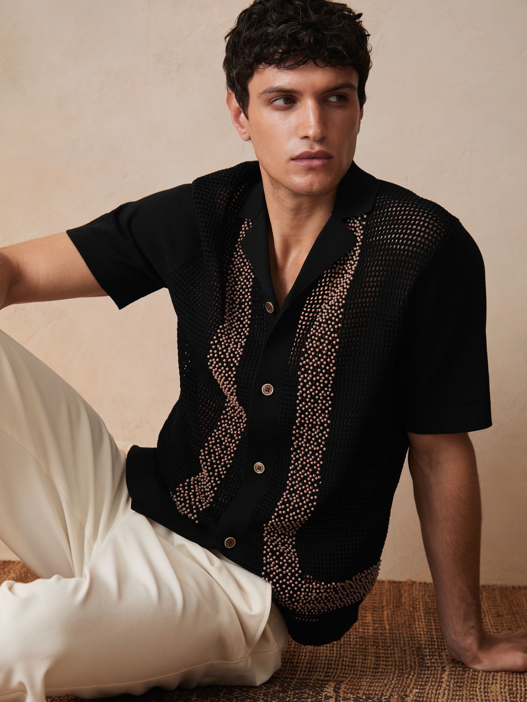 Reiss | Ché Beaded Crochet Shirt in Black