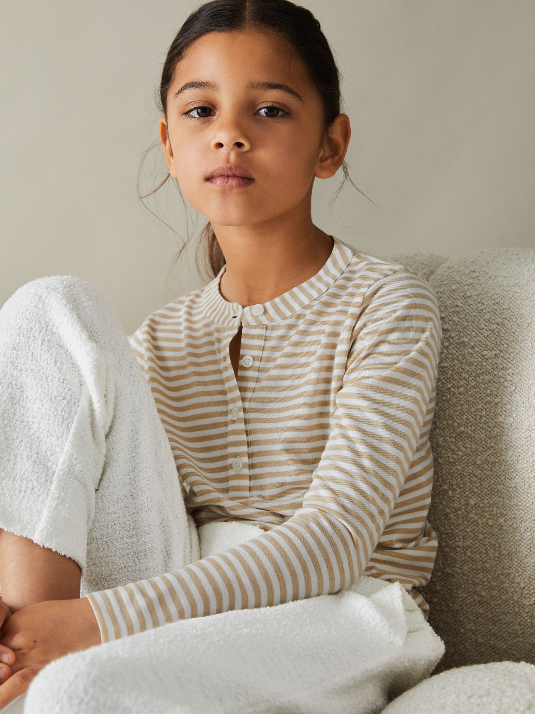 4-9 yrs Striped Grandad Collar Long-Sleeve Top in Oatmeal