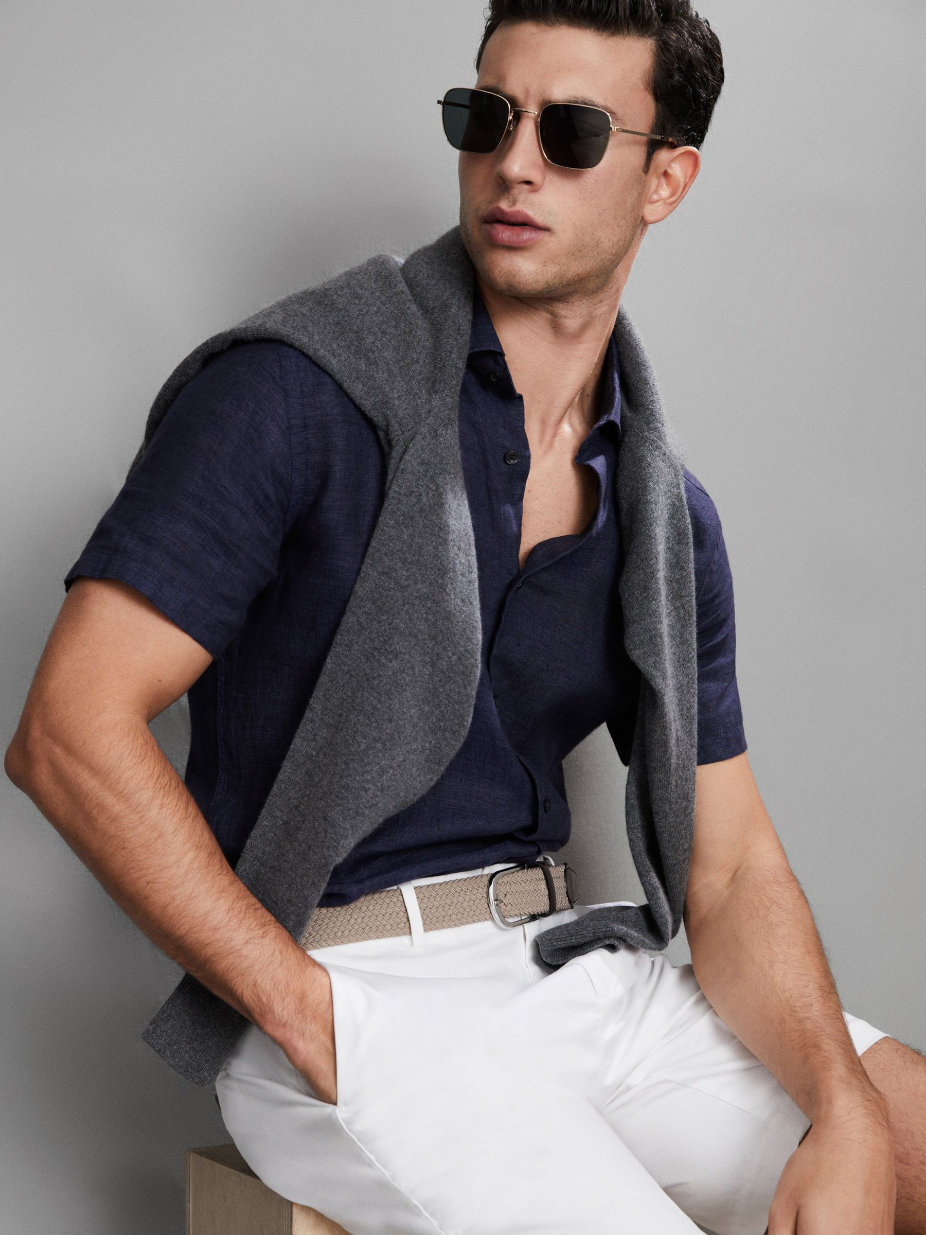Slim Fit Linen Button-Through Shirt in Navy