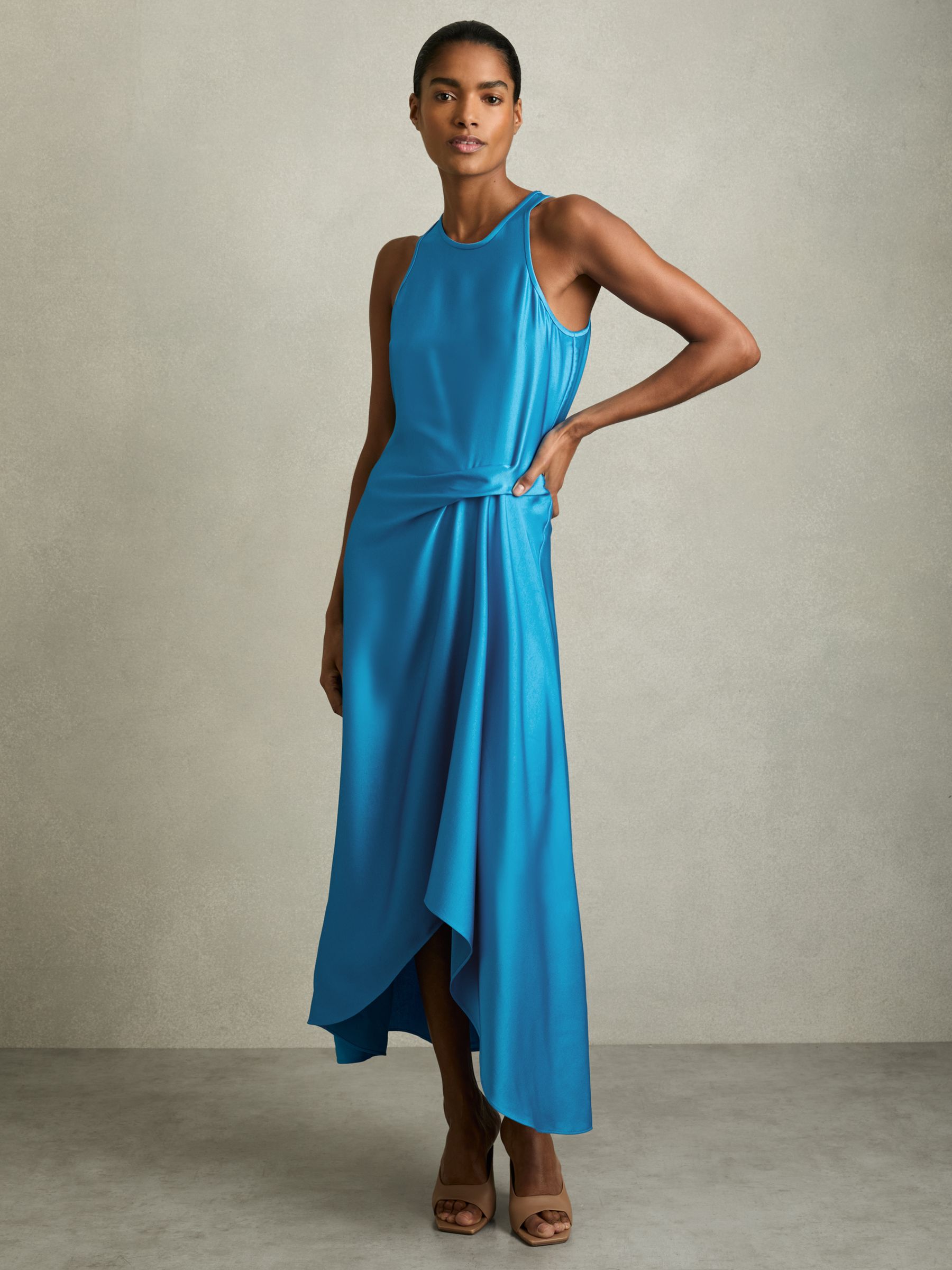 Petite Satin Drape Tuck Midi Dress in Blue