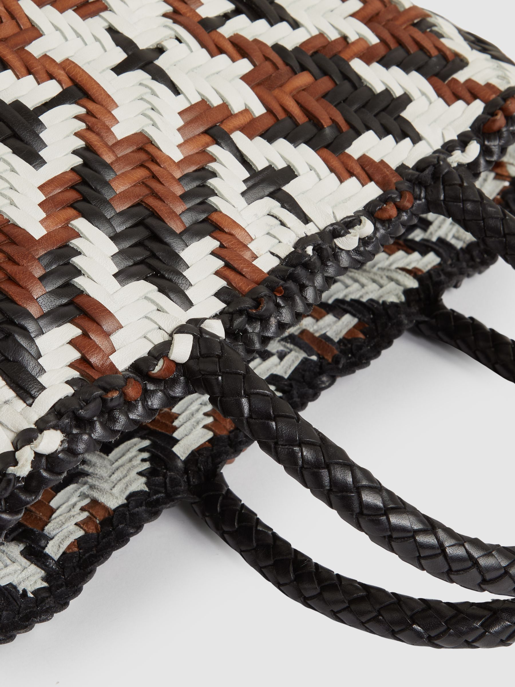 Small Leather Woven Tote Bag in Tan/White/Black