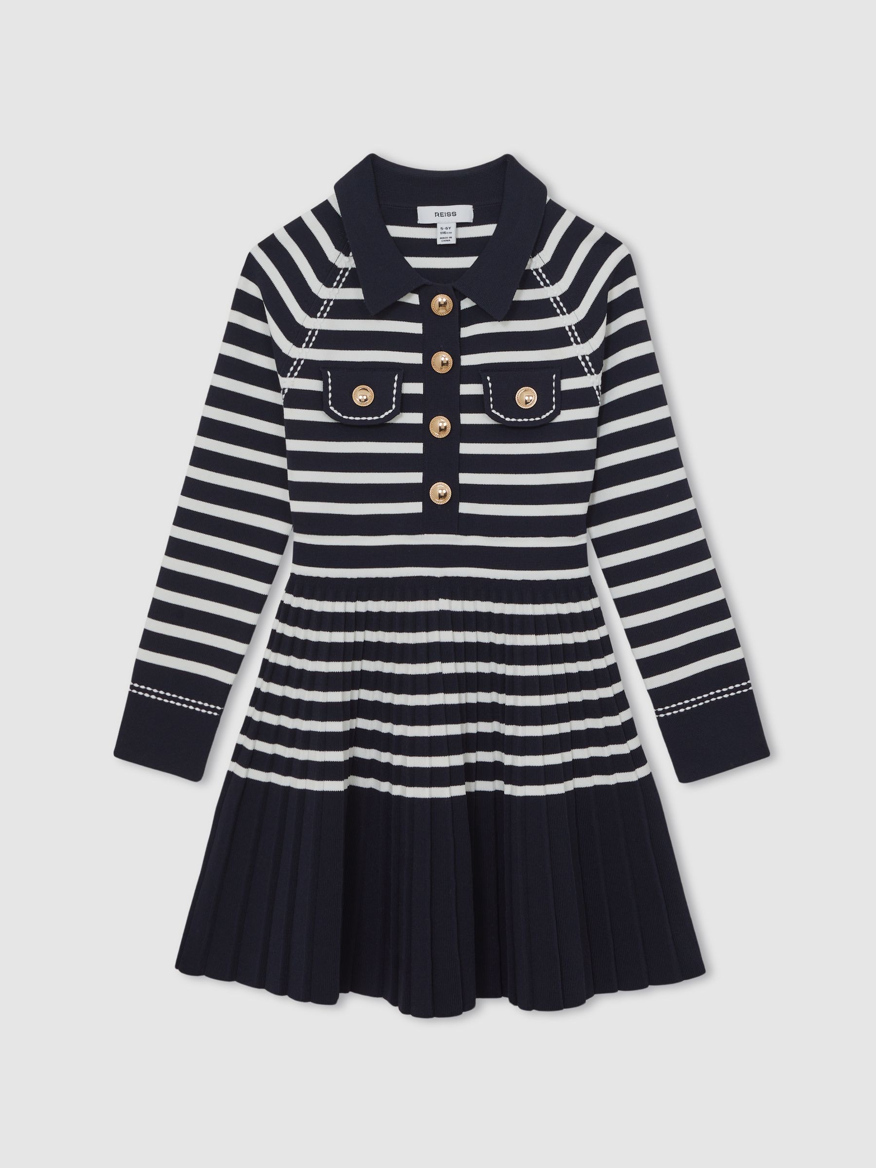 3-9 yrs Button-Detail Stripe Knitted Dress in Navy/White