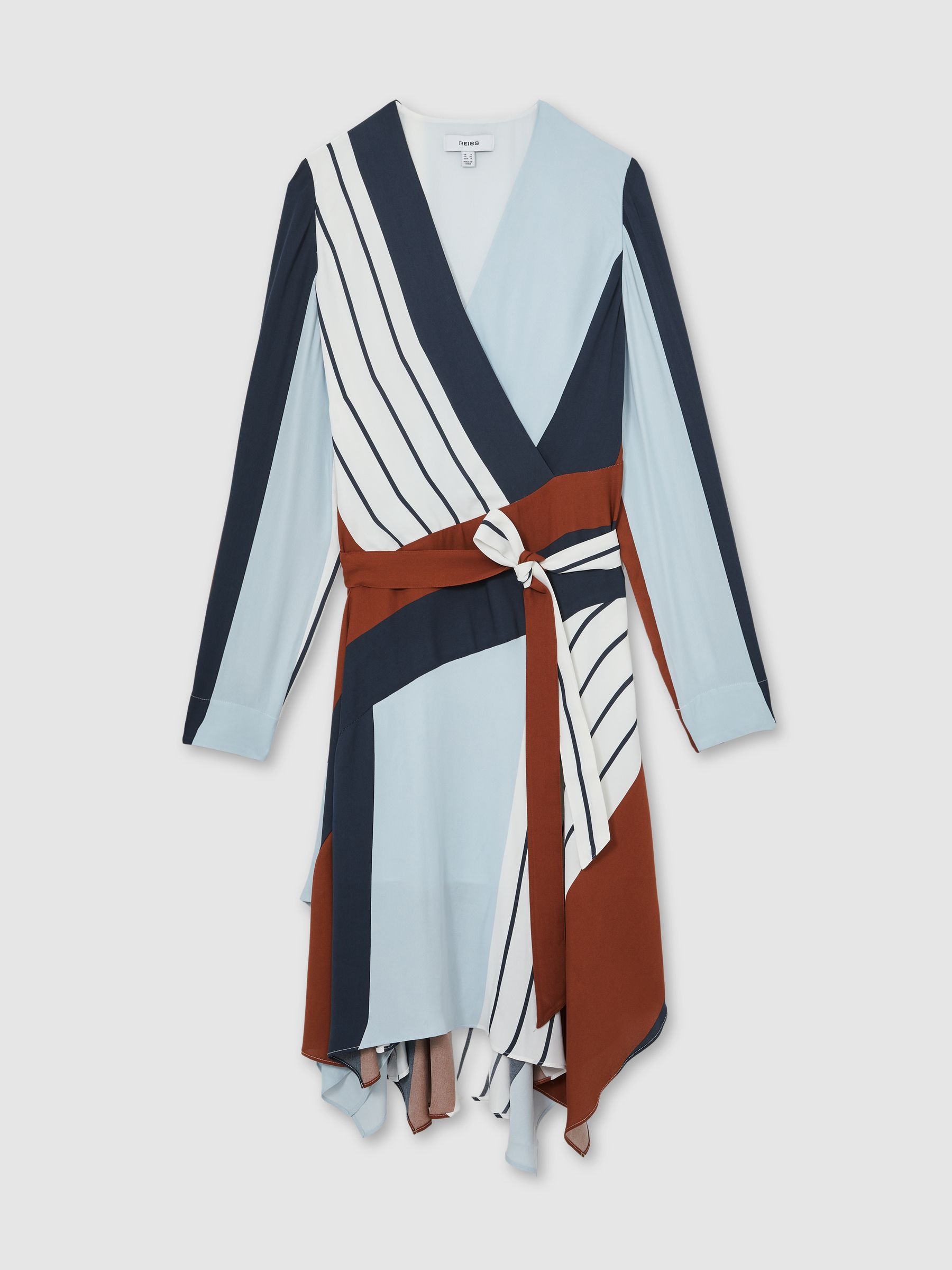 Stripe-Print Wrap Dress in Navy/Brown