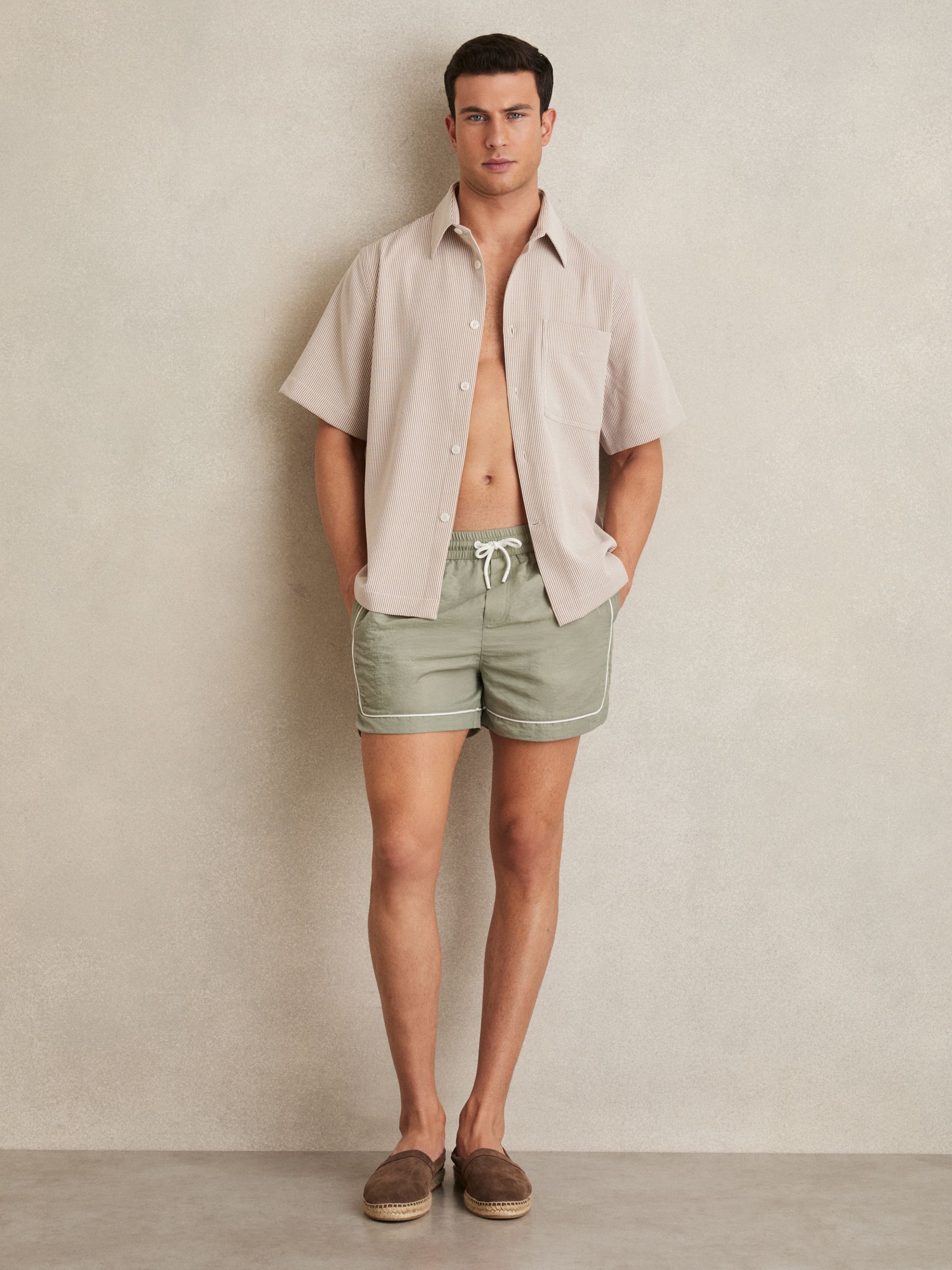 Piped Drawstring Swim Shorts in Pistachio/Off White