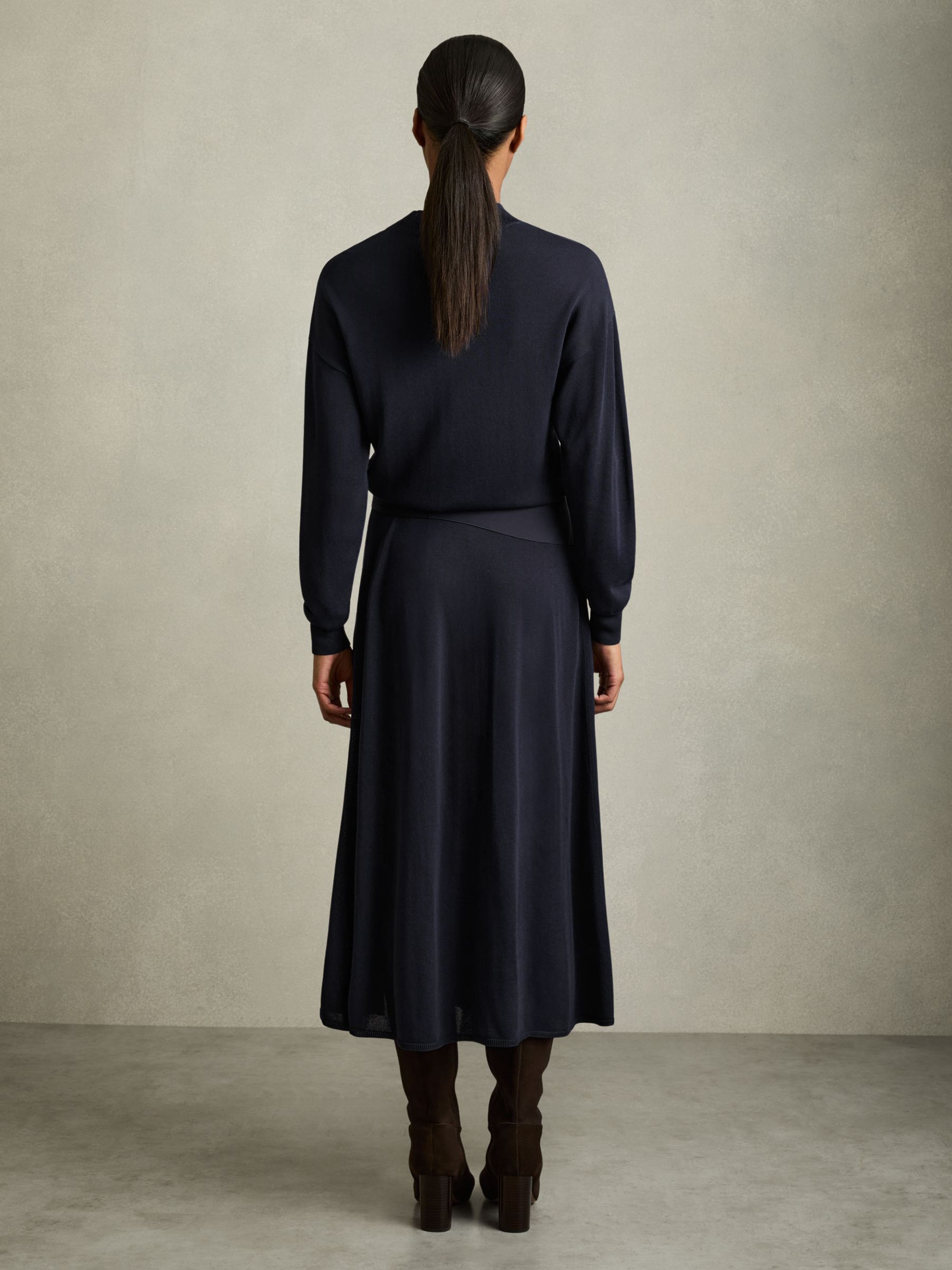 Petite Compact-Knit Belted Midi Dress in Navy