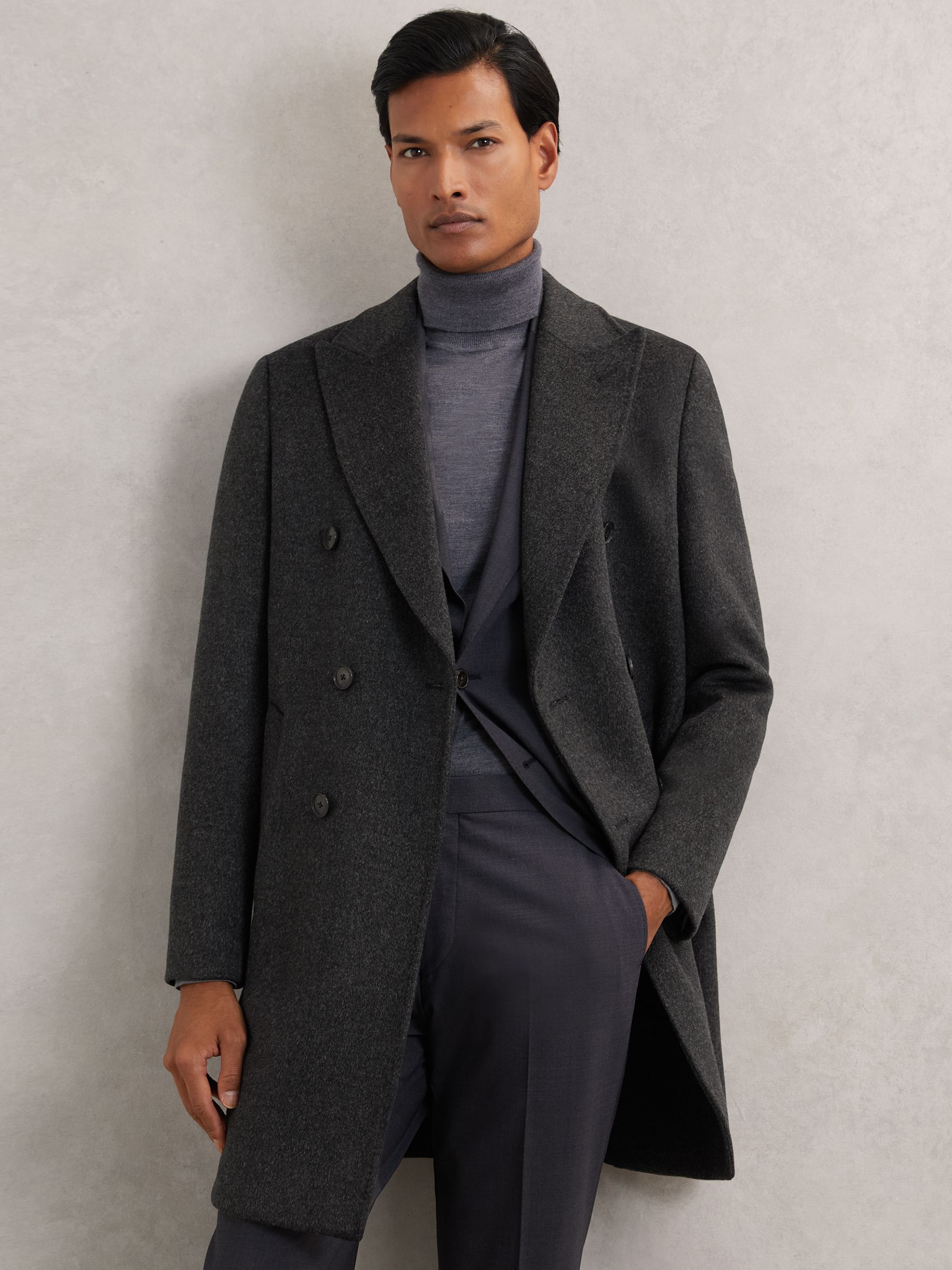 Wool-Blend Double-Breasted Overcoat in Charcoal Grey
