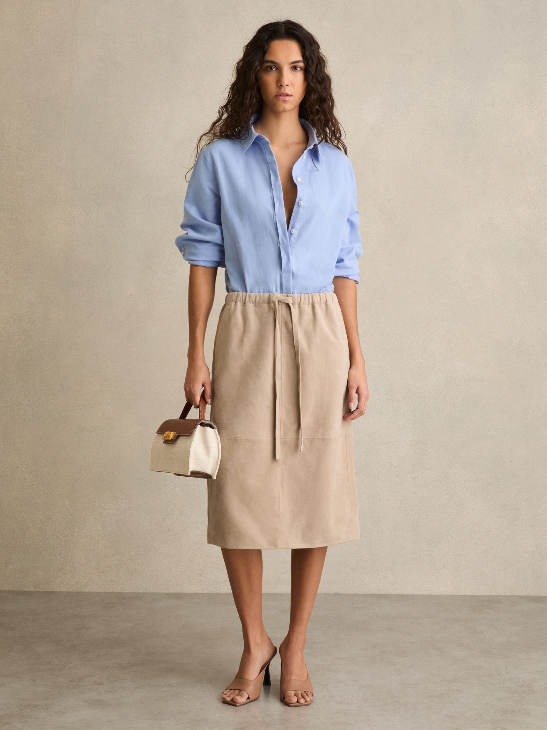 Suede Drawstring Midi Skirt in Neutral