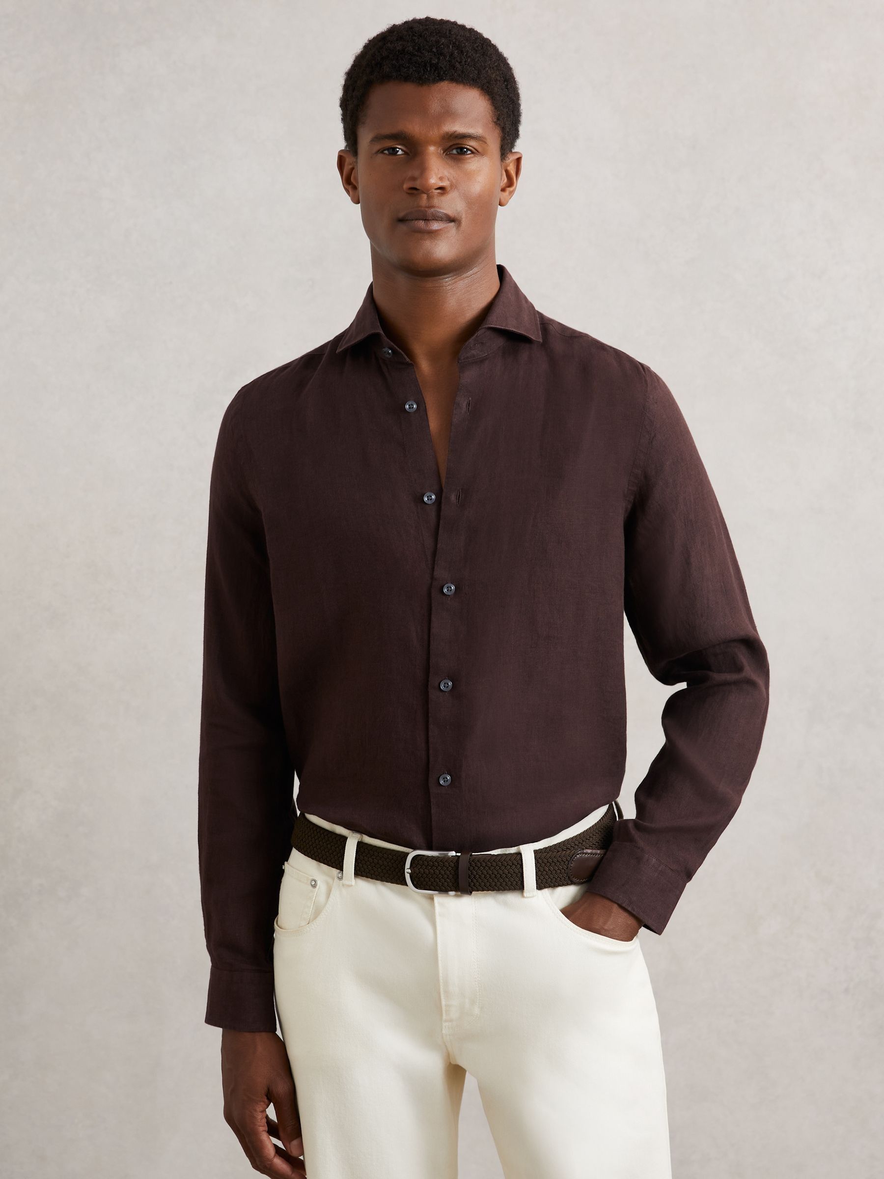 Linen Button-Through Shirt in Dark Brown