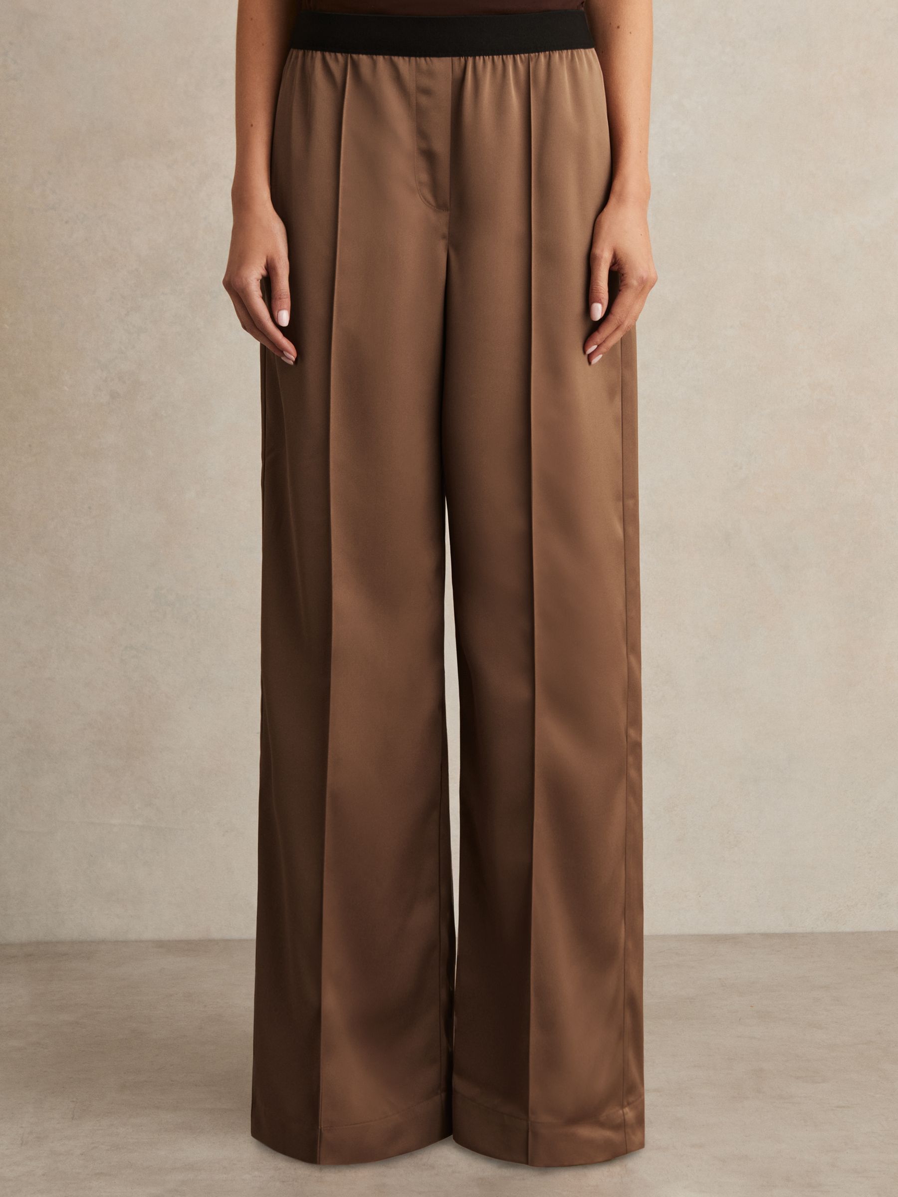 Petite Satin Wide Leg Elastic Waist Trousers in Taupe Neutral