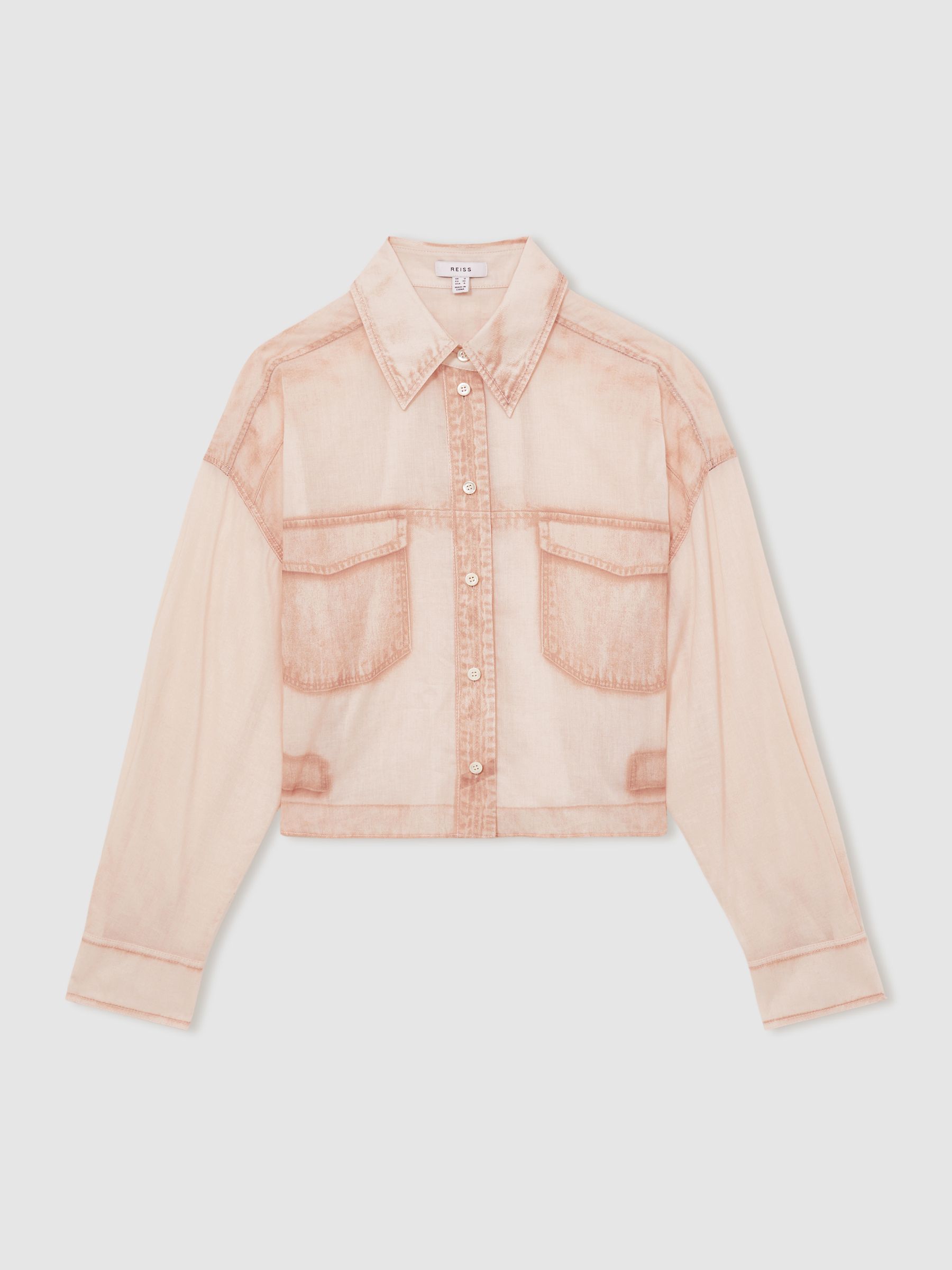Cotton Denim-Print Cropped Shirt in Pale Pink