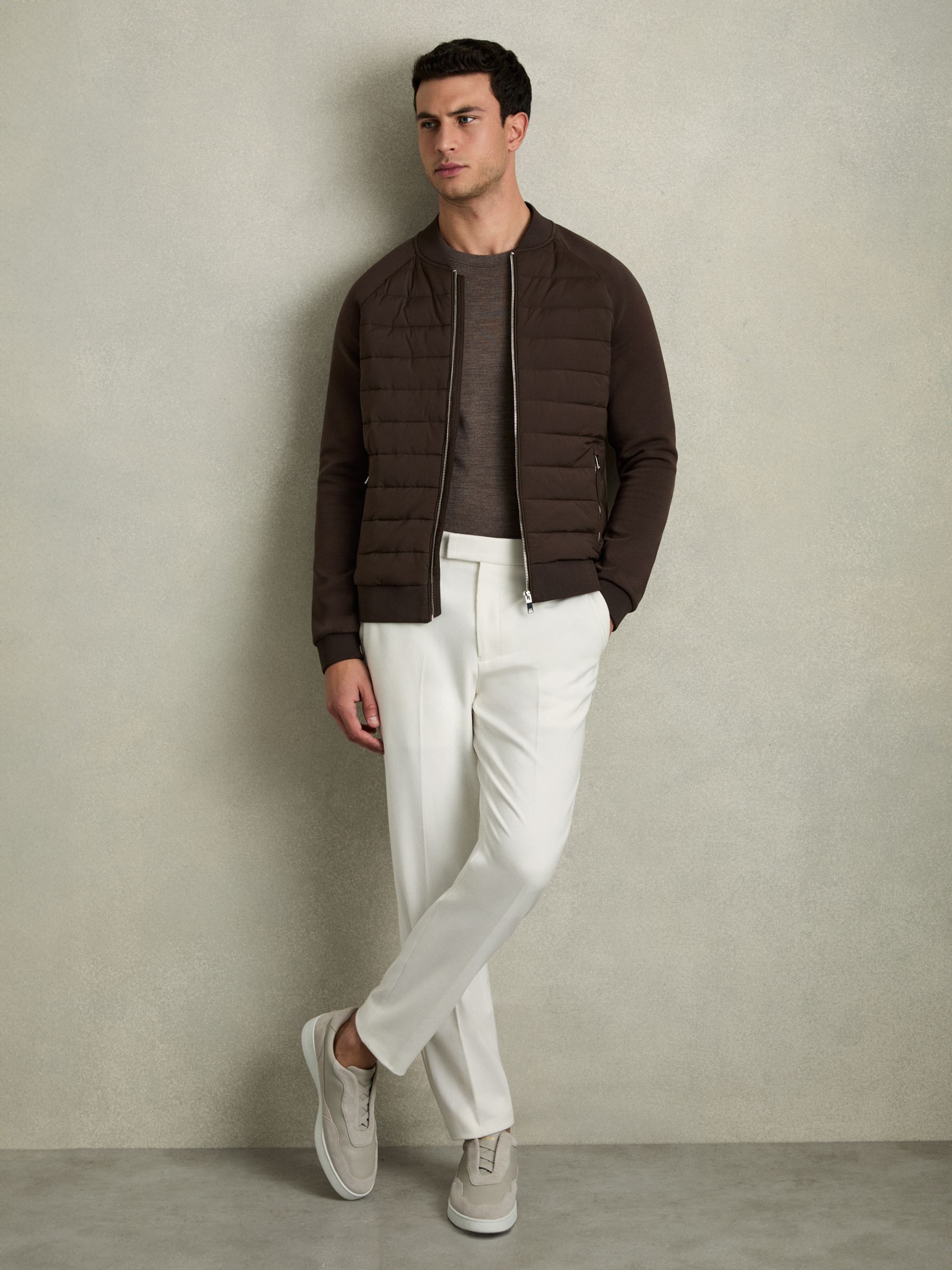 Hybrid Quilt Raglan-Sleeve Bomber Jacket in Dark Chocolate