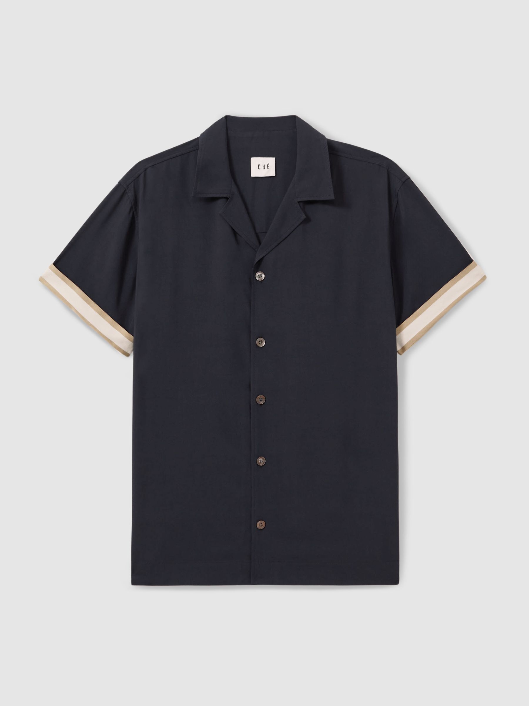 Reiss | Ché Cuff Detail Cuban Collar Shirt in Navy