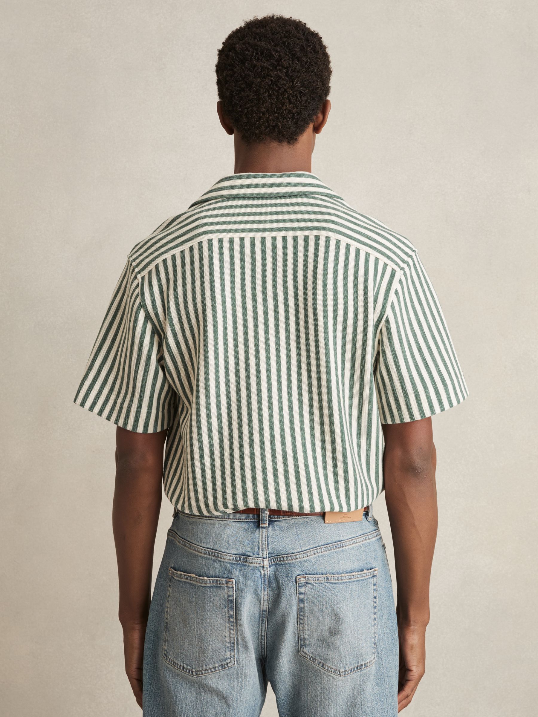 Textured Stripe Cuban-Collar Shirt in Green/White