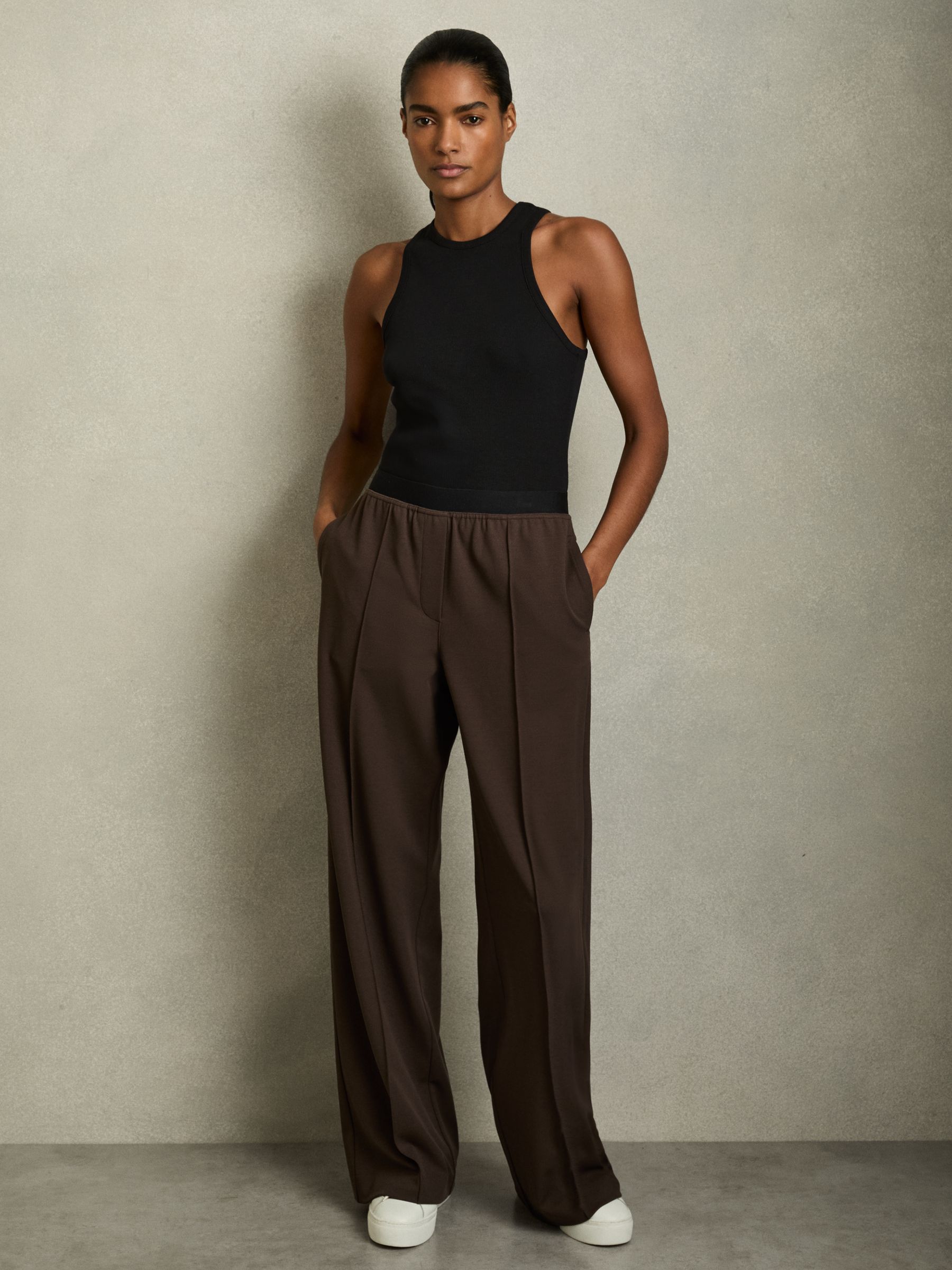 Petite Wide-Leg Elasticated-Waistband Trousers in Chocolate Brown